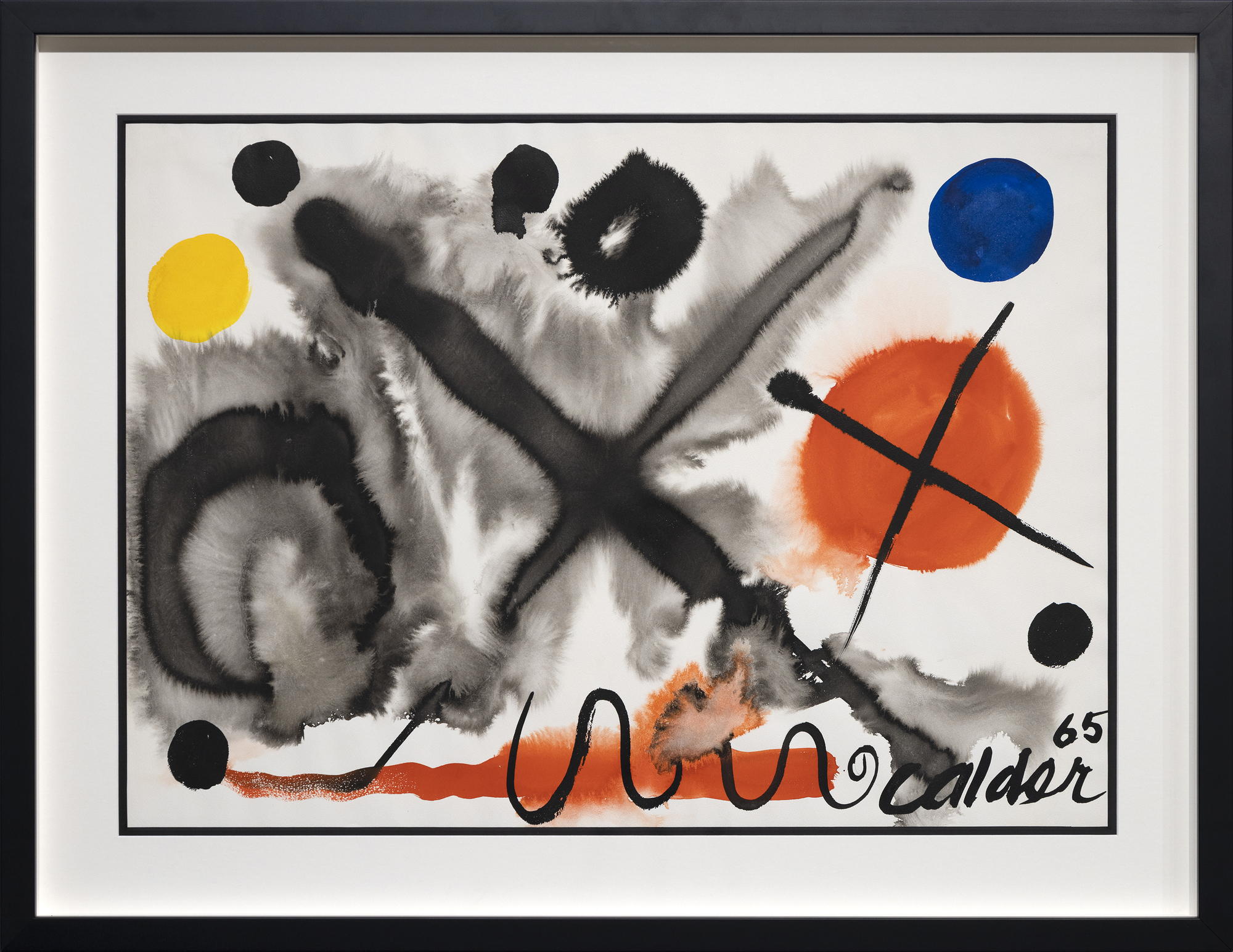 © 2023 Calder Foundation, New York / Artists Rights Society (ARS), New York
<br>Two Crosses by Alexander Calder is a striking work on paper, blending transparent watercolor and gouache, showcasing his signature repertoire of shapes and symbols. At its heart lies a large, black 'X' on a fluid, grayish wash, and nearby, a smaller, opaque black cross overlapping a semi-opaque red ball, and to its left, a roundish transparent wash patch hosts a black crescent shape. Several spheres in black provide accompaniment, and the artist's favored primary colors, and at the lower margin, his charming undulating line. Calder's sparing use of watercolor allows the paper's white to showcase the forms and symbols, creating a dynamic, impactful artwork where simplicity and the interplay of transparent and opaque elements captivate the viewer.