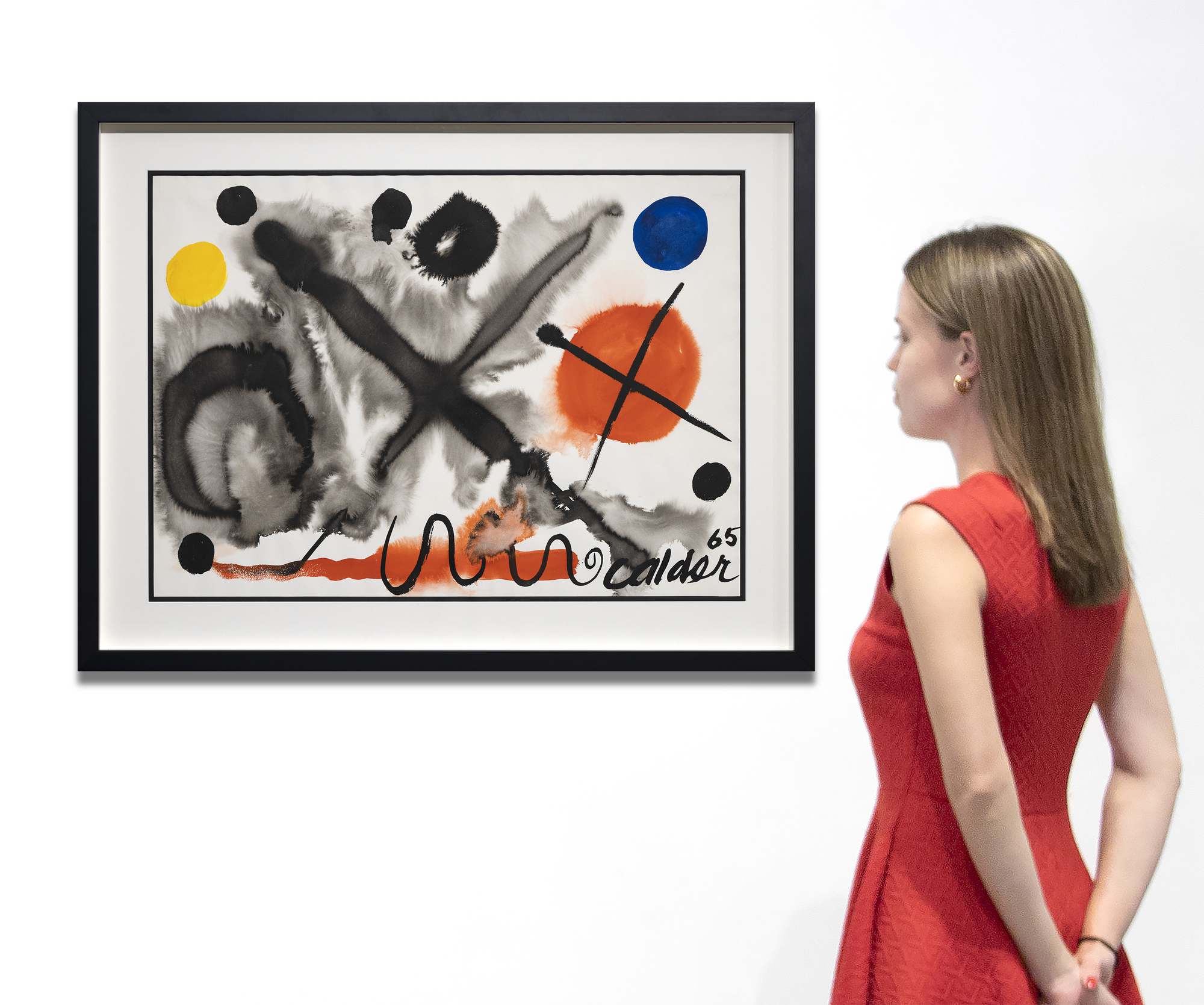 © 2023 Calder Foundation, New York / Artists Rights Society (ARS), New York
<br>Two Crosses by Alexander Calder is a striking work on paper, blending transparent watercolor and gouache, showcasing his signature repertoire of shapes and symbols. At its heart lies a large, black 'X' on a fluid, grayish wash, and nearby, a smaller, opaque black cross overlapping a semi-opaque red ball, and to its left, a roundish transparent wash patch hosts a black crescent shape. Several spheres in black provide accompaniment, and the artist's favored primary colors, and at the lower margin, his charming undulating line. Calder's sparing use of watercolor allows the paper's white to showcase the forms and symbols, creating a dynamic, impactful artwork where simplicity and the interplay of transparent and opaque elements captivate the viewer.