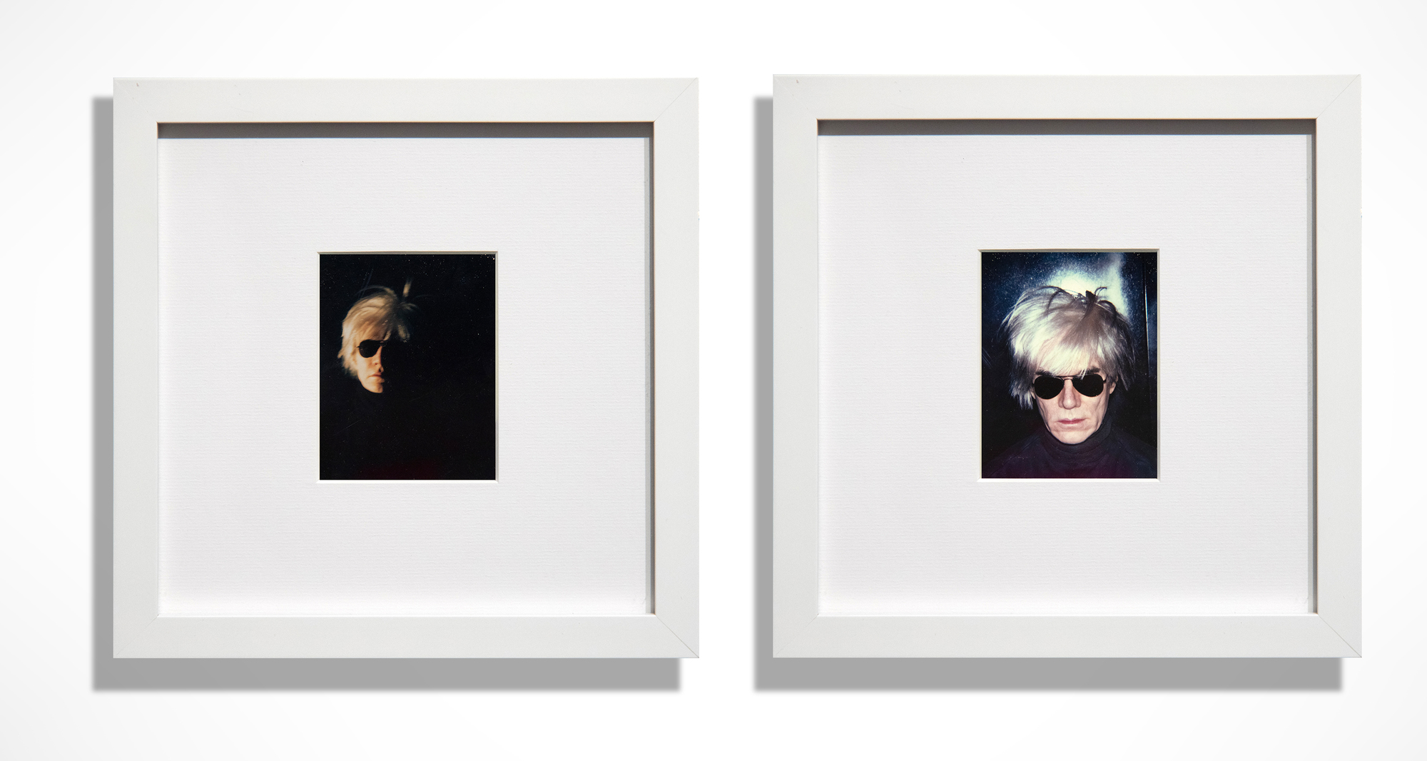 Beginning in 1963, with a silkscreen derived from a photo booth strip, Warhol repeatedly explored his likeness, culminating with the iconic "Fright Wig" image. Essential to his depiction of celebrities and self-representation, the Polaroid photograph played a crucial role in his work and our perceptions of his massive contribution to post-war art in America. The two images presented, dark and spooky, are beautifully crafted, well-staged portraits. Enveloped in a moody ambiance that eviscerates his body, these self-portraits depict Andy clad in this iconic wig and dark aviator sunglasses, set against a backdrop so deeply shadowed that his head seems to float in a void of darkness. Warhol loved role-playing, and here it is in spades!