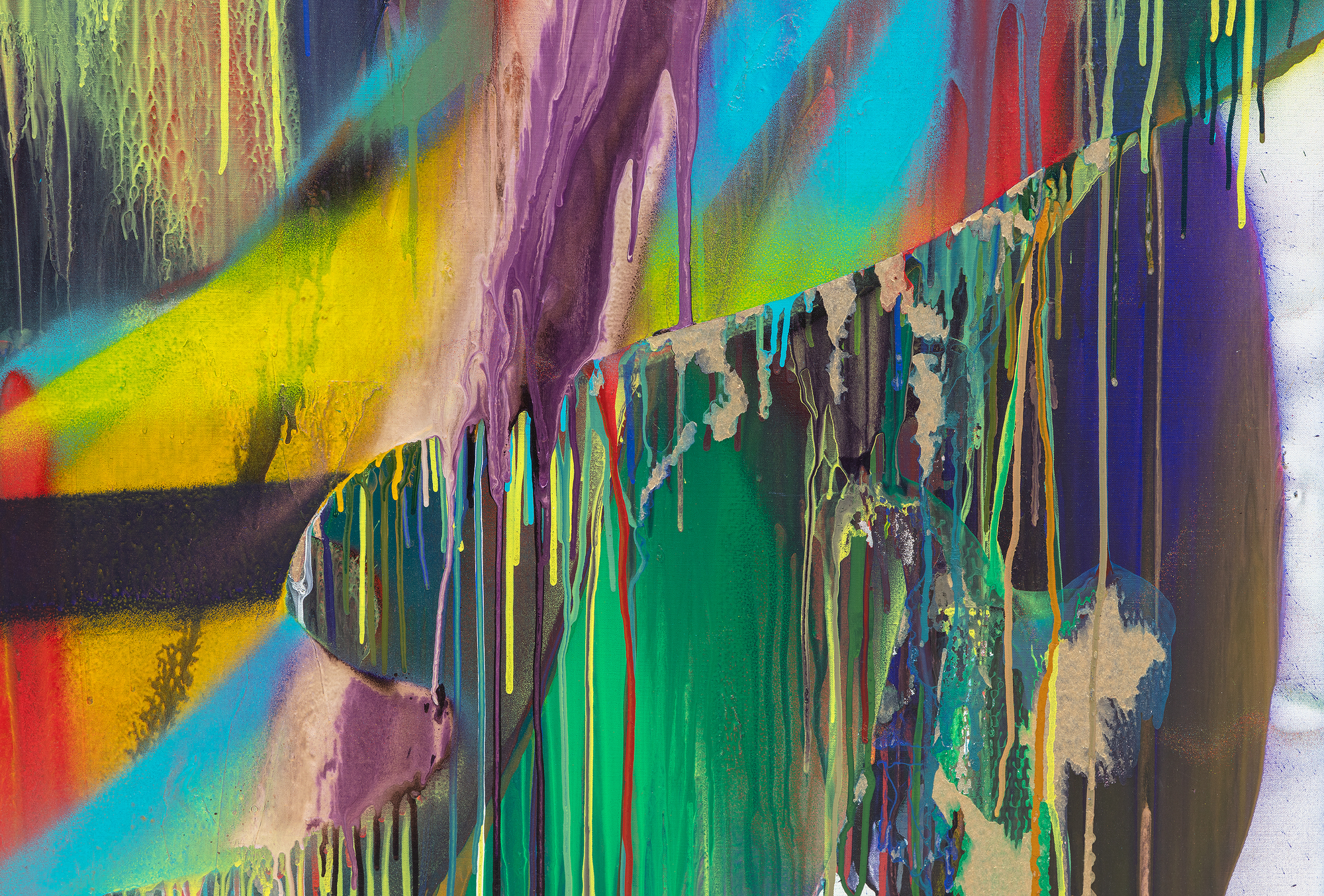 Katharine Grosse's Untitled of 2016 extends our appreciation of an artist who brings the same energy, boldness, and disregard for convention seen in her monumental architectural installations to the traditional medium of paint on canvas. The color explodes, lifted from a complex, richly layered surface of poured applications of paint that run, drizzle, or splatter, radiant transparent veils, and overlapping straps of color misted to create soft gradient transitions. The result is a fascinating impression of spatial depth and three-dimensionality. But it is also a tour de force that reveals Grosse's brilliance in blending chaos and control, spontaneity, and intention. Her range of techniques creates a compelling dialogue between the accidental and the deliberate, a hallmark of her unique style.