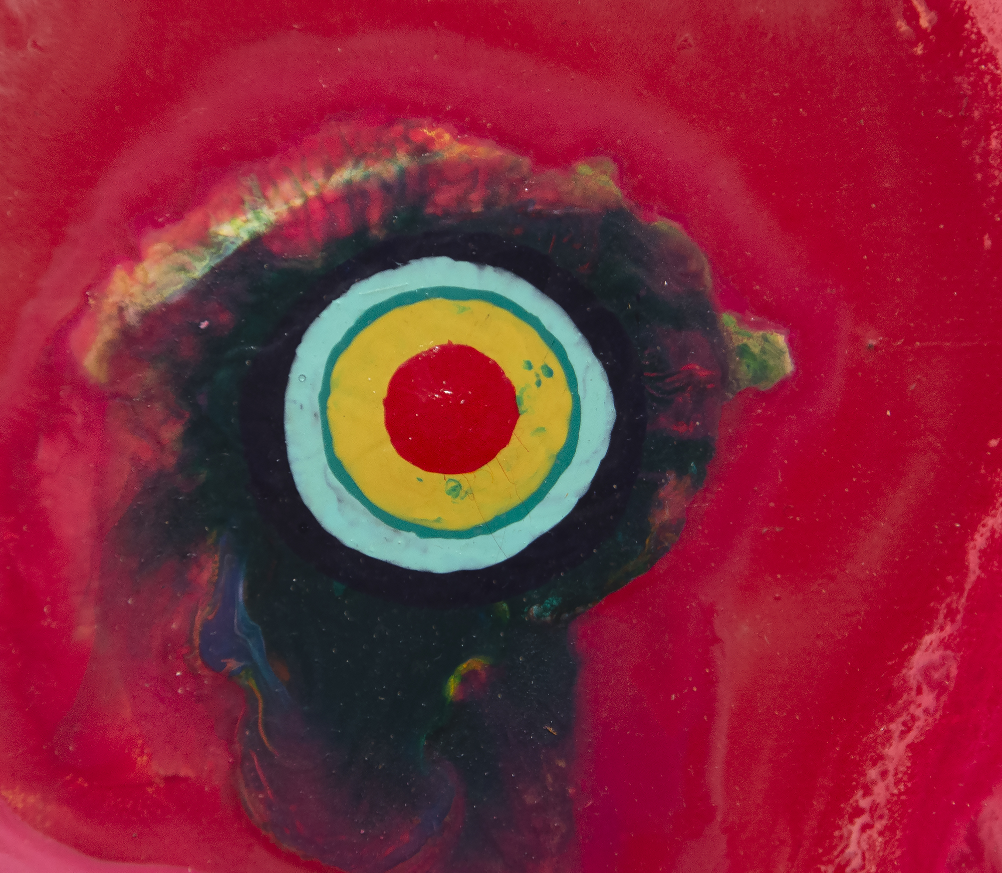As a member of the legendary Gutai Art Association that flourished between 1954 and 1972, Sadamasa Motonaga emerged when post-atomic surrealist existentialism was at the forefront of artistic development in Japan. Yet he chose a different path. He turned his back on the destruction wrought by the war and created work that was fresh, jubilant, and playful. “Untitled” of 1966 is in his classic style, which developed concurrently with Morris Louis’ so-called ‘Veil’ paintings. It might suggest the brightly lit comb, eye and mottled plumage of a gallinaceous bird, but any such associations are probably arbitrary and unintended. Instead, it is a brilliantly successful display of Motonaga’s avant-garde take on traditional Japanese Tarashikomi — the technique that involves tilting the canvas at different angles to allow mixtures of resin and enamel to flow upon one another before the paint is fully dry.