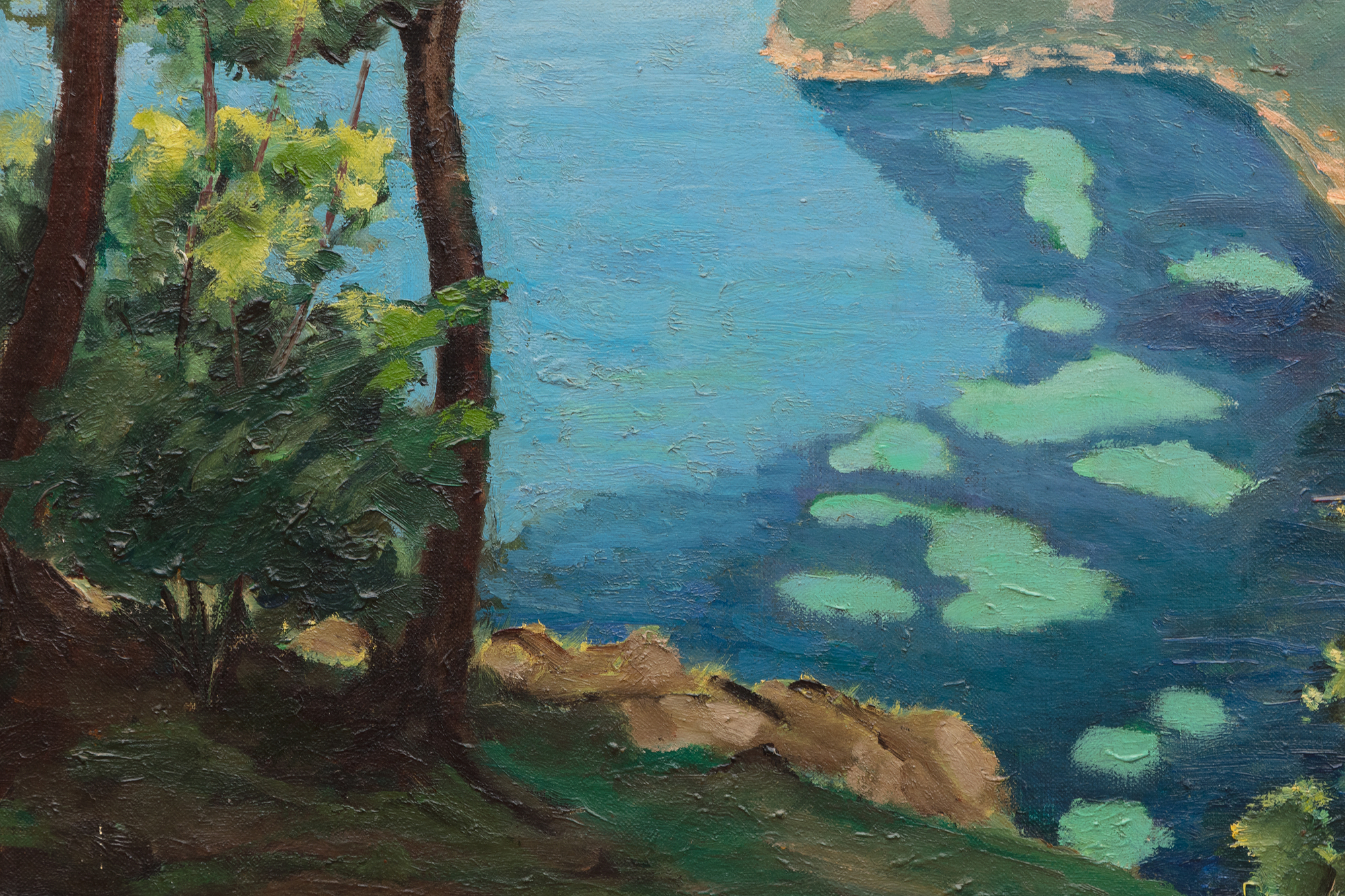Located on the French Riviera between Nice and Monte Carlo, the Bay of Eze is renowned for its stunning location and spectacular views. As you can see on pages 80-81 of Rafferty's book, this painting skillfully captures the dizzying heights, set just west of Lou Sueil, the home of Jacques and Consuelo Balsan, close friends of Winston and Clementine.
<br> 
<br>The painting manipulates perspective and depth, a nod to the dramatic shifts of artists including Monet and Cézanne, who challenged traditional vantage points of landscapes. The portrait (i.e. vertical) orientation of the canvas combined with the trees, and the rhyming coastline channels the viewer’s gaze. The perceived tilting of the water's plane imbues the painting with dynamic tension.