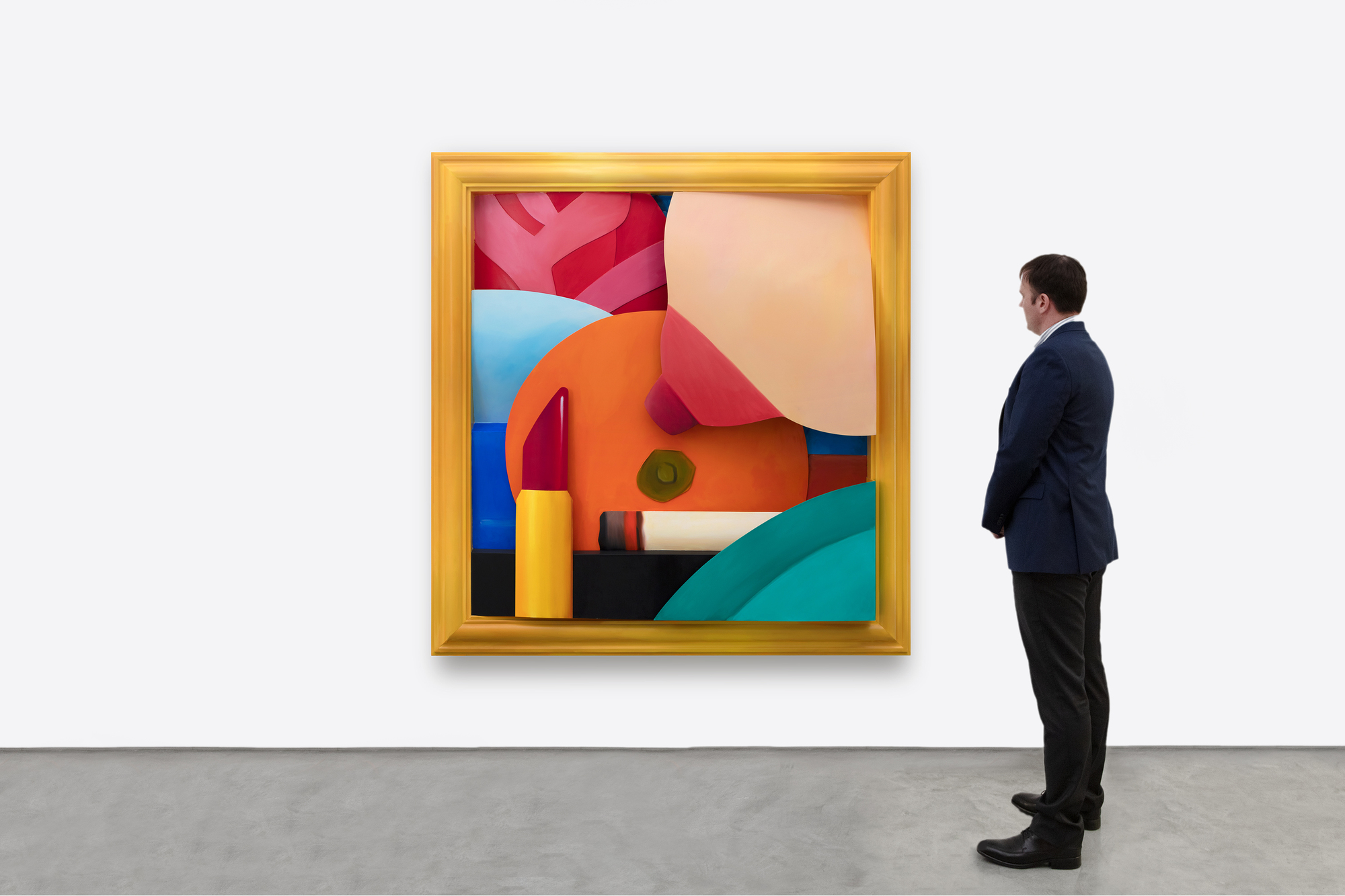 Tom Wesselmann was a leader of the Pop Art movement. He is best remembered for large-scale works, including his Great American Nude series, in which Wesselmann combined sensual imagery with everyday objects depicted in bold and vibrant colors. As he developed in his practice, Wesselmann grew beyond the traditional canvas format and began creating shaped canvases and aluminum cut-outs that often functioned as sculptural drawings. Continuing his interest in playing with scale, Wesselmann began focusing more closely on the body parts that make up his nudes. He created his Mouth series and his Bedroom series in which particular elements, rather than the entire sitter, become the focus.
<br> 
<br>Bedroom Breast (2004) combines these techniques, using vivid hues painted on cut-out aluminum. The work was a special commission for a private collector's residence, and the idea of a bedroom breast piece in oil on 3-D cut-out aluminum was one Wesselmann had been working with for many years prior to this work's creation. The current owner of the piece believed in Wesselmann's vision and loved the idea of bringing the subject to his home.
<br>
<br>It's one of, if not the last, piece Wesselmann completed before he passed away. The present work is the only piece of its kind - there has never been an oil on aluminum in 3D at this scale or of this iconography.  