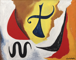 Alexander Calder executed a surprising number of oil paintings during the second half of the 1940s and early 1950s. By this time, the shock of his 1930 visit to Mondrian’s studio, where he was impressed not by the paintings but by the environment, had developed into an artistic language of Calder’s own. So, as Calder was painting The Cross in 1948, he was already on the cusp of international recognition and on his way to winning the XX VI Venice Biennale’s grand prize for sculpture in 1952. Working on his paintings in concert with his sculptural practice, Calder approached both mediums with the same formal language and mastery of shape and color.
<br>
<br>Calder was deeply intrigued by the unseen forces that keep objects in motion. Taking this interest from sculpture to canvas, we see that Calder built a sense of torque within The Cross by shifting its planes and balance. Using these elements, he created implied motion suggesting that the figure is pressing forward or even descending from the skies above. The Cross’s determined momentum is further amplified by details such as the subject’s emphatically outstretched arms, the fist-like curlicue vector on the left, and the silhouetted serpentine figure.
<br>
<br>Calder also adopts a strong thread of poetic abandon throughout The Cross’s surface. It resonates with his good friend Miró’s hieratic and distinctly personal visual language, but it is all Calder in the effective animation of this painting’s various elements. No artist has earned more poetic license than Calder, and throughout his career, the artist remained convivially flexible in his understanding of form and composition. He even welcomed the myriad interpretations of others, writing in 1951, “That others grasp what I have in mind seems unessential, at least as long as they have something else in theirs.”
<br>
<br>Either way, it is important to remember that The Cross was painted shortly after the upheaval of the Second World War and to some appears to be a sobering reflection of the time. Most of all, The Cross proves that Alexander Calder loaded his brush first to work out ideas about form, structure, relationships in space, and most importantly, movement.