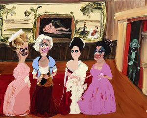 Genieve Figgis is a notable figure in the contemporary Irish art scene, recognized for her clever and critical group portraits that often poke fun at long-ago social conventions. A relative latecomer to painting, she caught the attention of American appropriation artist Richard Prince on Twitter, who went on to purchase one of her works and introduced her to the influential circles of the New York art community. Figgis' work playfully critiques affluent middle-class consumption habits and luxurious lifestyles, as immortalized by artists of the past, and brings such subjects firmly into the present day with a mixture of satire and raw, authentic portrayals of life. Think of Figgis as reaching across the sands of time to Daumier or Hogarth, whose work frequently offered a satirical look at contemporary society, joining artists engaged in social satire and known for their keen observational skills.