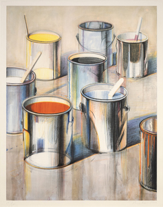 Wayne Thiebaud is widely admired as a painter. Yet his ability as a draftsman is equally compelling and particularly evident in lithography, an autographic medium celebrated for documenting an artist's every gesture. As Paint Cans fully demonstrates, lithography also provides the freedom to layer texturally and with colors to achieve a canny representation of an artist's articulated intentions. In composition, "Paint Cans" displays Thiebaud's keen sense of order, deriving from an emphasis on focal points and directional lines that demonstrate the unique ways he can highlight a grouping of everyday items. It is yet another work that amazes the viewer with his highly detailed technique and skills.