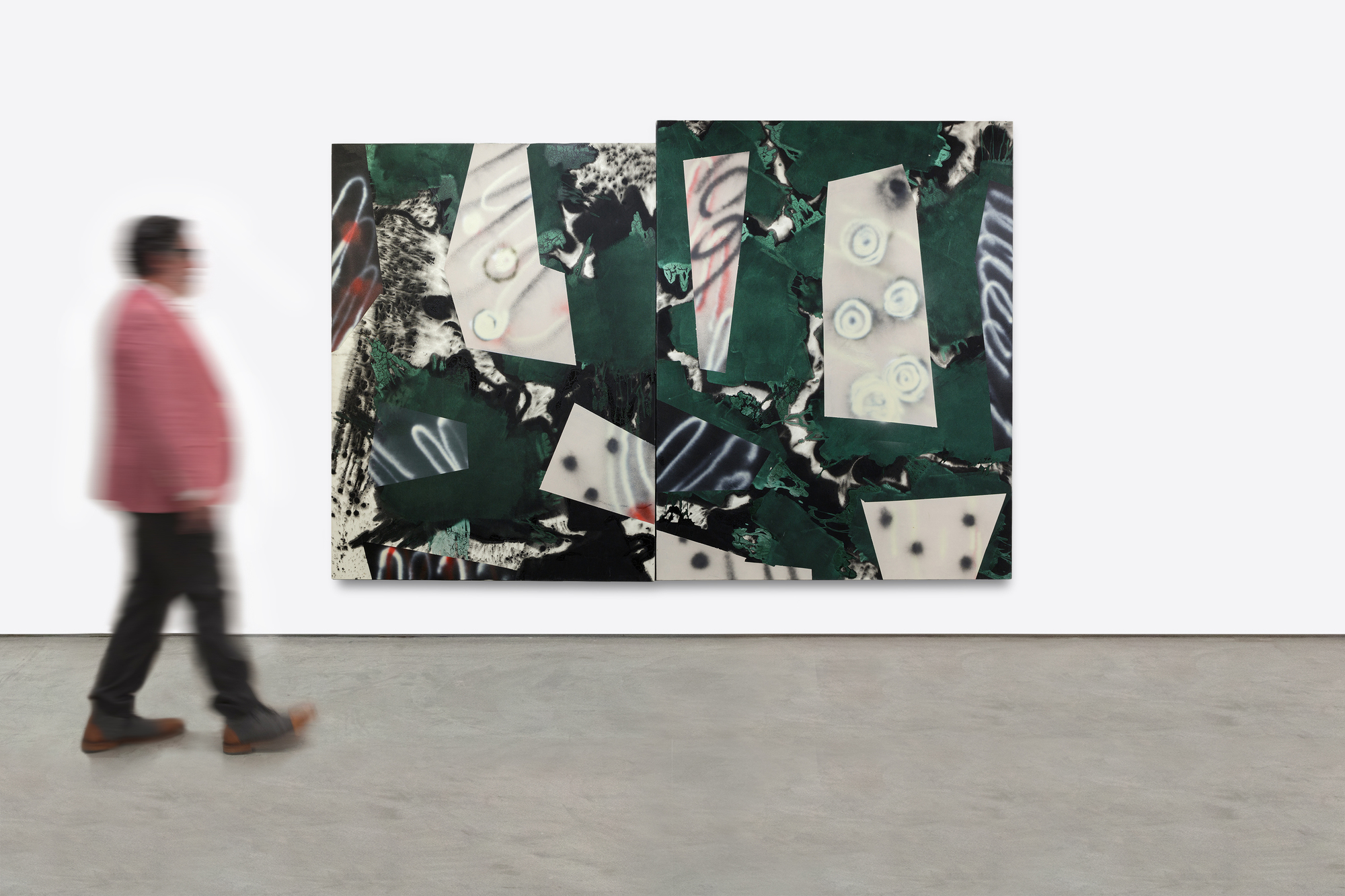 &lt;div&gt;Untitled, a large-scale diptych by Ed Moses, created with acrylic on canvas, showcases his experimental flair and abstract mastery. Measuring 84 x 126 inches, the work comprises two panels that together form a vibrant, chaotic composition. Both panels feature deep green backgrounds adorned with dynamic swirls, circular motifs, and jagged patches of mottled white and black, creating a textured, almost graffiti-like effect. The interplay of overlapping shapes and spontaneous brushwork invites viewers into a layered visual journey. &lt;/div&gt;&lt;br&gt;&lt;br&gt;&lt;div&gt;&nbsp;&lt;/div&gt;&lt;br&gt;&lt;br&gt;&lt;div&gt;Moses, a pioneering artist among the first generation showcased at L.A.’s legendary Ferus Gallery in 1957, brings a rich legacy to this early 2000s piece. His innovative use of acrylic allows for a tactile surface that blends controlled chaos with expressive freedom, and the large scale of the diptych envelops the viewer with this carefully-balanced visual energy. This work exemplifies his boundary-pushing aesthetic, and stands as a powerful testament to Moses’ contribution to contemporary art. &lt;/div&gt;