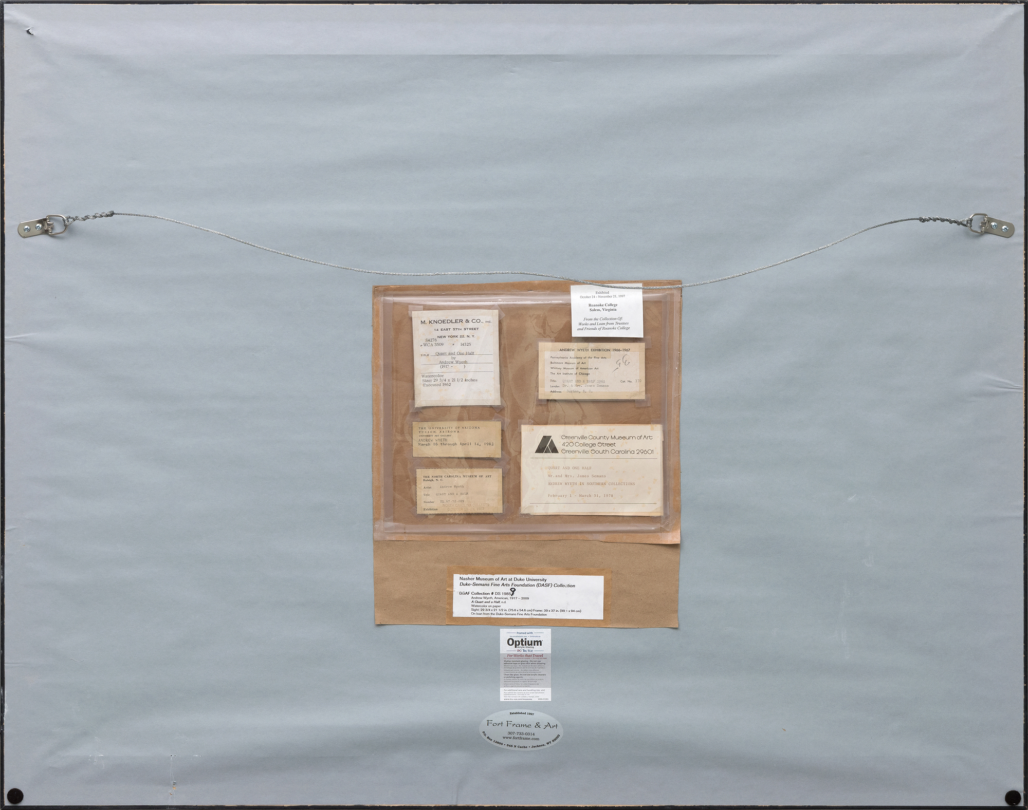 <div>Andrew Wyeth’s "Quart and a Half" (1961) belongs to a deeply personal sequence of works inspired by a single day he and his wife, Betsy, spent picking blueberries in a field as a storm gathered. That afternoon became the genesis for one of Wyeth’s most iconic tempera paintings, "Distant Thunder" (1961), which depicts Betsy reclining in the grass with their dog, suffused with a charged stillness before the storm. A preparatory watercolor, "Blueberries, Study for Distant Thunder" (1961, Farnsworth Art Museum), further traces the theme. "Quart and a Half" marks the haunting aftermath, shifting focus from figure to still life: a blueberry carton and tin cup sit abandoned in the grass, their utilitarian presence transformed into emblems of memory and absence. </div><br><br><div>&nbsp;</div><br><br><div>The composition is stripped to essentials—a high horizon line, a darkened field, and the luminous carton and cup catching the eye. The disturbed grass, delicately rendered in intricate strokes, becomes a subtle index of Betsy’s earlier presence, now vanished. That empty imprint became the emotional core of the painting, an emblem of transience. As an early still life, the work reveals Wyeth’s ability to invest the simplest objects with profound emotional resonance, extending the still-life tradition, long associated with mortality and the ephemeral nature of life, into a meditation on the quiet echoes of lived experience. Executed in watercolor, the painting also highlights Wyeth’s balance of spontaneity and restraint, the flickering grasses animated with immediacy yet anchored by a deliberate compositional rigor. </div><br><br><div>&nbsp;</div><br><br><div>"Quart and a Half" also holds distinguished exhibition history. It was featured in the traveling retrospective "Andrew Wyeth: Temperas, Watercolors, Dry Brush, Drawings 1938 into 1966", shown at the Philadelphia Museum of Art, the Baltimore Museum of Art, and the Whitney Museum of American Art (1966–67). Earlier, the work was chosen as the cover image for the catalogue of the 1963 University of Arizona Art Gallery exhibition, underscoring its importance within Wyeth’s oeuvre. Together with "Distant Thunder" and its study, this watercolor transforms a shared picnic into an enduring meditation on memory, impermanence, and the poetry of everyday life. </div>