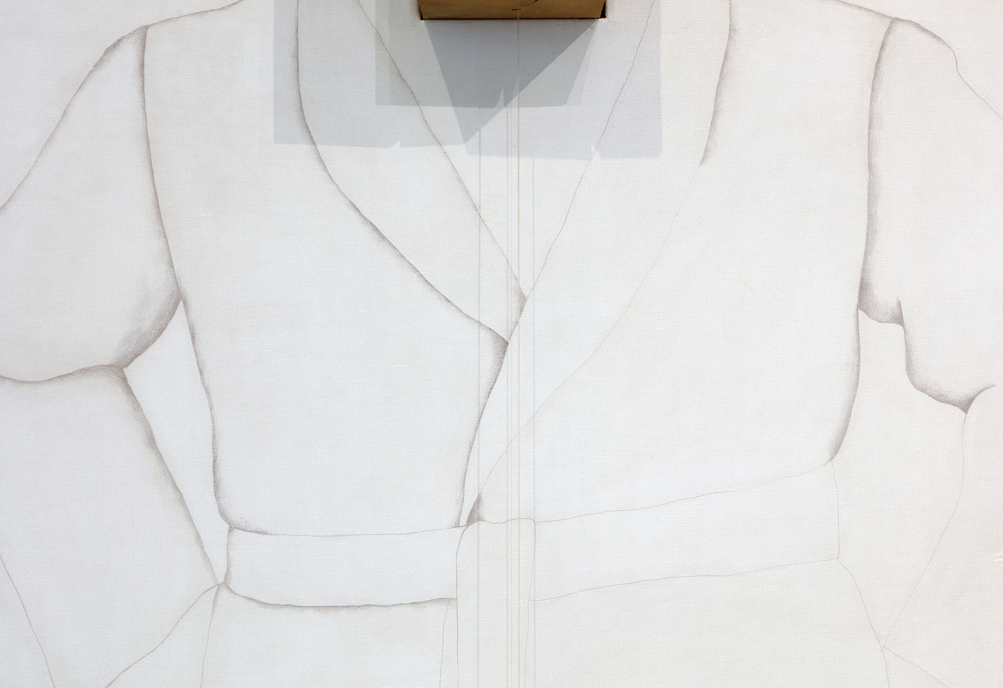 JIM DINE - Double Silver Point Robes Jim Dine was an American Pop artist whose work meditated on objects with childlike appeal to find a universal and nostalgic language. Dine’s robes are among the most recognizable images to have emerged from his long and illustrious career. They were first shown at Sidney Janis gallery in the fall of 1964 – this is one such example. Double Silver Point Robes is a large-scale mixed media assemblage. The work is executed in silverpoint – a technique that utilizes a piece of silver as a drawing instrument over a specially prepared ground by which it oxidizes over a period of months to create a warm brown tone. The two joined canvases feature blocks of wood in place of where the heads should be and a hanging wood element that moves in response to air currents.