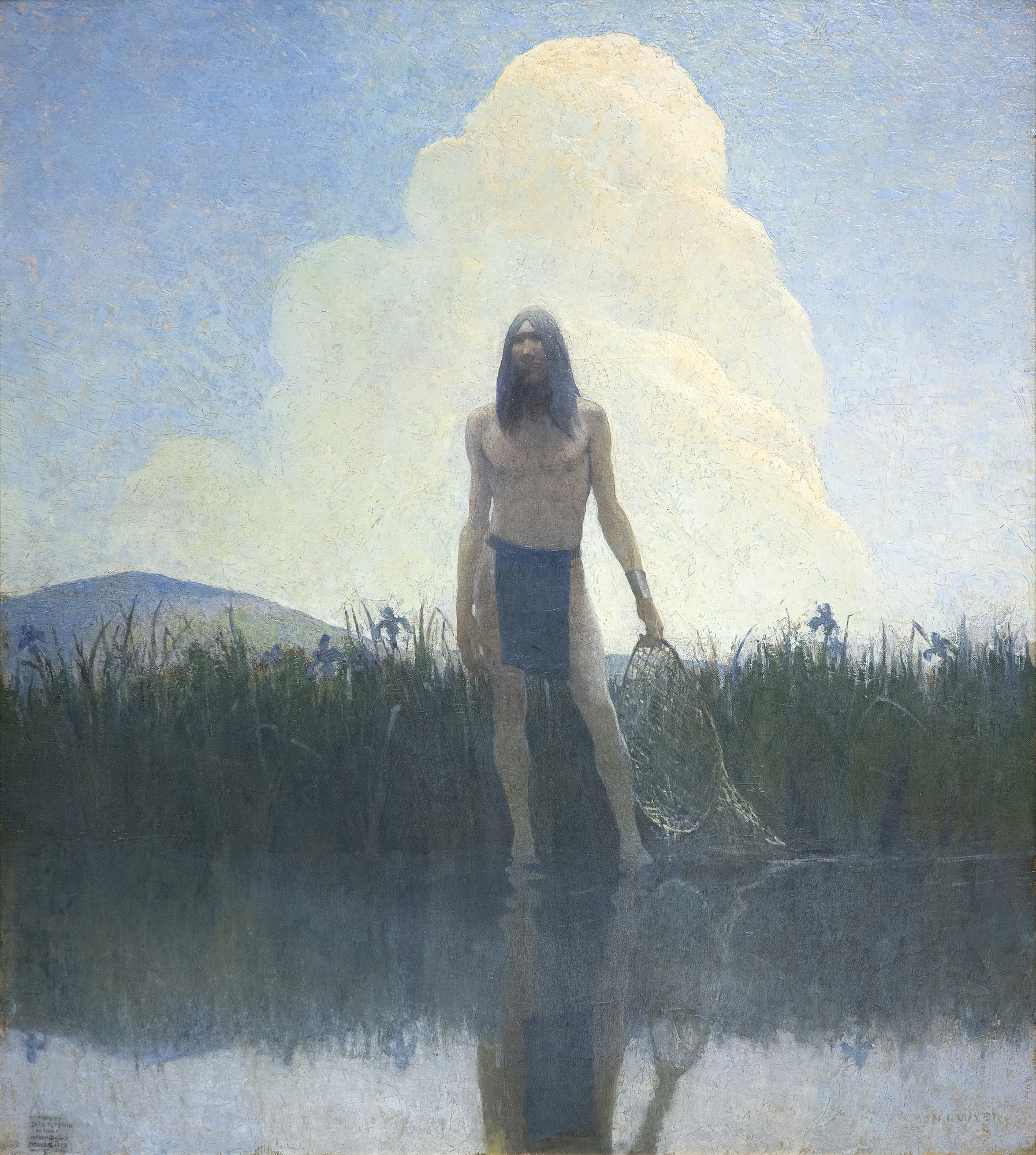 N.C. WYETH - Summer. "Hush" Emerging at the end of the Gilded Age, N.C. Wyeth was one of the most important American artists and illustrators. His paintings and illustrations brought life to classic literature from Treasure Island to The Boy’s King Arthur and more. He is most remembered for his ability to capture crucial moments in narratives, fleshing out just a few words into a visual representation of deep drama and tension. Patriarch of the Wyeth artistic dynasty which includes his son Andrew and grandson Jamie, his influence touched future illustrators and artists.
<br>
<br>Perhaps his most important legacy is how he shaped American imagination – of America itself and of wild possibilities. Wyeth’s powerful paintings gave life to many of the stories America told of itself. His early paintings captured life of the American West and some of his most beloved illustrations were for novels such as The Last of the Mohicans or short stories like “Rip Van Winkle”. Despite this success, Wyeth struggled with the commercialism of illustrations and advertisements, seeking his work to be accepted as fine art. Throughout his career, he experimented with different styles shifting from Impressionism to Divisionism to Regionalism.
<br>
<br>N.C. Wyeth produced over 3,000 paintings and illustrated 112 books. His illustrations for the publisher Charles Scribner’s Sons were so popular they became known as Scribner’s Classics and remain in print to this day.
<br>
<br>This quietly powerful painting of a Native American forms part of a quartet of paintings, inspired by and a metaphor for the four seasons. The paintings were used to illustrate George T. Marsh’s set of poems “The Moods”. Wyeth recognized that the series came at a crucial moment in his career in which the paintings go beyond realism to capture atmosphere and mood, an internal world of emotion made external. He even contemplated and attempted to write his own poems based on these paintings.
<br>
<br>
<br>Summer, Hush is a striking example of Wyeth pulling from his imagination and melding it with careful observation of nature. As noted in a letter to his mother, Wyeth combined the fictional subject with natural effects as in the sky. Native Americans were a subject he returned to numerous times; these paintings reflect not only Wyeth’s fascination but also of America. As observed by art historian Krstine Ronan, Wyeth was part of a larger dialogue that developed around Native Americans, cementing a general Native American culture in the imagination of the United States. Thus, the painting operates on numerous levels simultaneously. How do we relate to this painting and its conception of the four seasons? How do we interpret Wyeth’s depiction of a Native American? What role do Native Americans play in America’s imagination?
<br>
<br>We must also not forget that these works were first used to illustrate the poems of George T. Marsh. Marsh, a poet born in New York who often also wrote of the Canadian wilderness, provides subtle evocations of the seasons hinted at in the series title “The Moods”. This painting was used alongside “Hush,” which ends:
<br>
<br>Are they runes of summers perished
<br>
<br>That the fisher hears –and ceases—
<br>
<br>Or the voice of one he cherished.
<br>
<br>Within these few lines, Wyeth gives us a thoughtful and restrained painting that stirs from within. The poem and the painting avoid obvious clichés to represent the seasons. They develop a profound interpretation filled with sensitivity.
<br>
<br>These paintings were important to Wyeth who hoped that “they may suggest to some architect the idea that such decorations would be appropriate in a library or capitol or some public building.” Summer, Hush demonstrates Wyeth’s control of color and composition so that small touches such as the ripples of water or the towering cloud that envelopes the figure are in service to sketch out the feeling of summer and of the poem. Through exploring this rich and complex painting, we are better able to appreciate NC Wyeth as an artist and the role this specific painting plays in the context of art history.