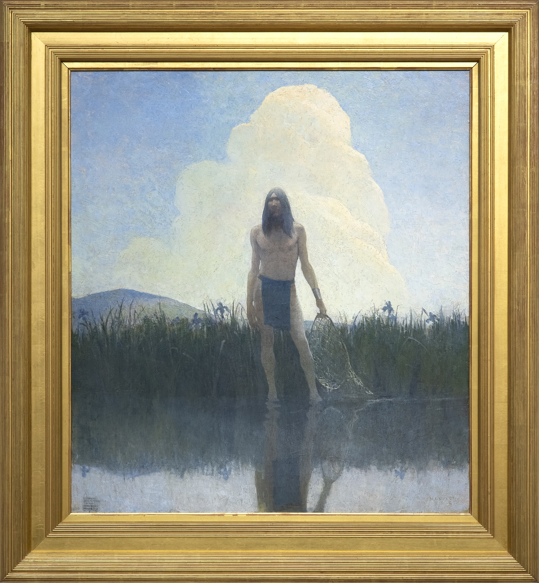 N.C. WYETH - Summer. "Hush" Emerging at the end of the Gilded Age, N.C. Wyeth was one of the most important American artists and illustrators. His paintings and illustrations brought life to classic literature from Treasure Island to The Boy’s King Arthur and more. He is most remembered for his ability to capture crucial moments in narratives, fleshing out just a few words into a visual representation of deep drama and tension. Patriarch of the Wyeth artistic dynasty which includes his son Andrew and grandson Jamie, his influence touched future illustrators and artists.
<br>
<br>Perhaps his most important legacy is how he shaped American imagination – of America itself and of wild possibilities. Wyeth’s powerful paintings gave life to many of the stories America told of itself. His early paintings captured life of the American West and some of his most beloved illustrations were for novels such as The Last of the Mohicans or short stories like “Rip Van Winkle”. Despite this success, Wyeth struggled with the commercialism of illustrations and advertisements, seeking his work to be accepted as fine art. Throughout his career, he experimented with different styles shifting from Impressionism to Divisionism to Regionalism.
<br>
<br>N.C. Wyeth produced over 3,000 paintings and illustrated 112 books. His illustrations for the publisher Charles Scribner’s Sons were so popular they became known as Scribner’s Classics and remain in print to this day.
<br>
<br>This quietly powerful painting of a Native American forms part of a quartet of paintings, inspired by and a metaphor for the four seasons. The paintings were used to illustrate George T. Marsh’s set of poems “The Moods”. Wyeth recognized that the series came at a crucial moment in his career in which the paintings go beyond realism to capture atmosphere and mood, an internal world of emotion made external. He even contemplated and attempted to write his own poems based on these paintings.
<br>
<br>
<br>Summer, Hush is a striking example of Wyeth pulling from his imagination and melding it with careful observation of nature. As noted in a letter to his mother, Wyeth combined the fictional subject with natural effects as in the sky. Native Americans were a subject he returned to numerous times; these paintings reflect not only Wyeth’s fascination but also of America. As observed by art historian Krstine Ronan, Wyeth was part of a larger dialogue that developed around Native Americans, cementing a general Native American culture in the imagination of the United States. Thus, the painting operates on numerous levels simultaneously. How do we relate to this painting and its conception of the four seasons? How do we interpret Wyeth’s depiction of a Native American? What role do Native Americans play in America’s imagination?
<br>
<br>We must also not forget that these works were first used to illustrate the poems of George T. Marsh. Marsh, a poet born in New York who often also wrote of the Canadian wilderness, provides subtle evocations of the seasons hinted at in the series title “The Moods”. This painting was used alongside “Hush,” which ends:
<br>
<br>Are they runes of summers perished
<br>
<br>That the fisher hears –and ceases—
<br>
<br>Or the voice of one he cherished.
<br>
<br>Within these few lines, Wyeth gives us a thoughtful and restrained painting that stirs from within. The poem and the painting avoid obvious clichés to represent the seasons. They develop a profound interpretation filled with sensitivity.
<br>
<br>These paintings were important to Wyeth who hoped that “they may suggest to some architect the idea that such decorations would be appropriate in a library or capitol or some public building.” Summer, Hush demonstrates Wyeth’s control of color and composition so that small touches such as the ripples of water or the towering cloud that envelopes the figure are in service to sketch out the feeling of summer and of the poem. Through exploring this rich and complex painting, we are better able to appreciate NC Wyeth as an artist and the role this specific painting plays in the context of art history.