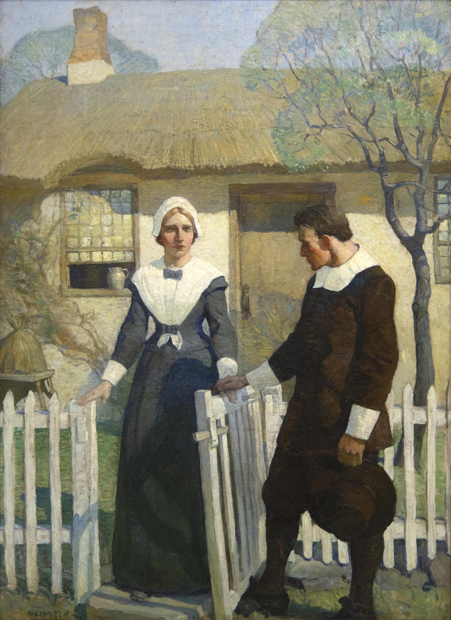 N.C. WYETH - "Good-bye, Mistress Friendly-Soul!" Initially used as a frontispiece illustration for the 1914 novel, “The Witch,” by Mary Johnston, Wyeth’s painting presents a poignant scene of friendship and understanding between a grieving, independent woman and a generous, misunderstood doctor. Although the two hardly know each other, they have a shared understanding of and reverence for what is good. While the rest of the town searches for the devil in all things, these two choose kindness and light. Here, they take a moment to appreciate the lives they have led and the good they have done. Wyeth’s illustration depicts hope and expectation of good despite the perils and sorrows of human life.
<br>
<br>In addition to illustrating more than 100 books, including adventure classics like Treasure Island, Kidnapped, Robinson Crusoe, and The Last of the Mohicans, Wyeth was also a highly regarded muralist, receiving numerous commissions for prestigious corporate and government buildings throughout the United States. Wyeth’s style, honed by early work at the Saturday Evening Post and Scribner’s, demonstrates his keen awareness of the revealing gesture, allowing readers to instantly grasp the essence of a scene.