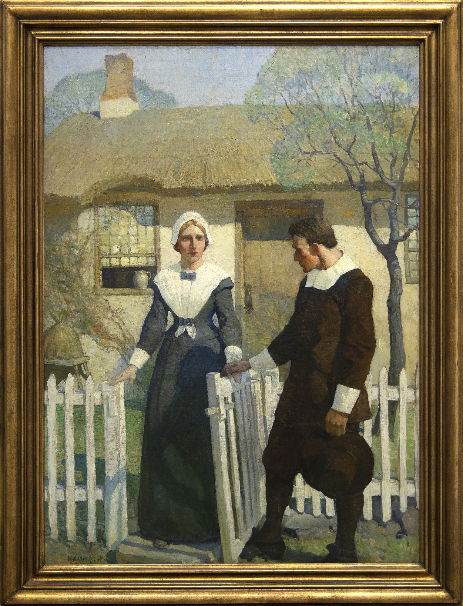 N.C. WYETH - "Good-bye, Mistress Friendly-Soul!" Initially used as a frontispiece illustration for the 1914 novel, “The Witch,” by Mary Johnston, Wyeth’s painting presents a poignant scene of friendship and understanding between a grieving, independent woman and a generous, misunderstood doctor. Although the two hardly know each other, they have a shared understanding of and reverence for what is good. While the rest of the town searches for the devil in all things, these two choose kindness and light. Here, they take a moment to appreciate the lives they have led and the good they have done. Wyeth’s illustration depicts hope and expectation of good despite the perils and sorrows of human life.
<br>
<br>In addition to illustrating more than 100 books, including adventure classics like Treasure Island, Kidnapped, Robinson Crusoe, and The Last of the Mohicans, Wyeth was also a highly regarded muralist, receiving numerous commissions for prestigious corporate and government buildings throughout the United States. Wyeth’s style, honed by early work at the Saturday Evening Post and Scribner’s, demonstrates his keen awareness of the revealing gesture, allowing readers to instantly grasp the essence of a scene.