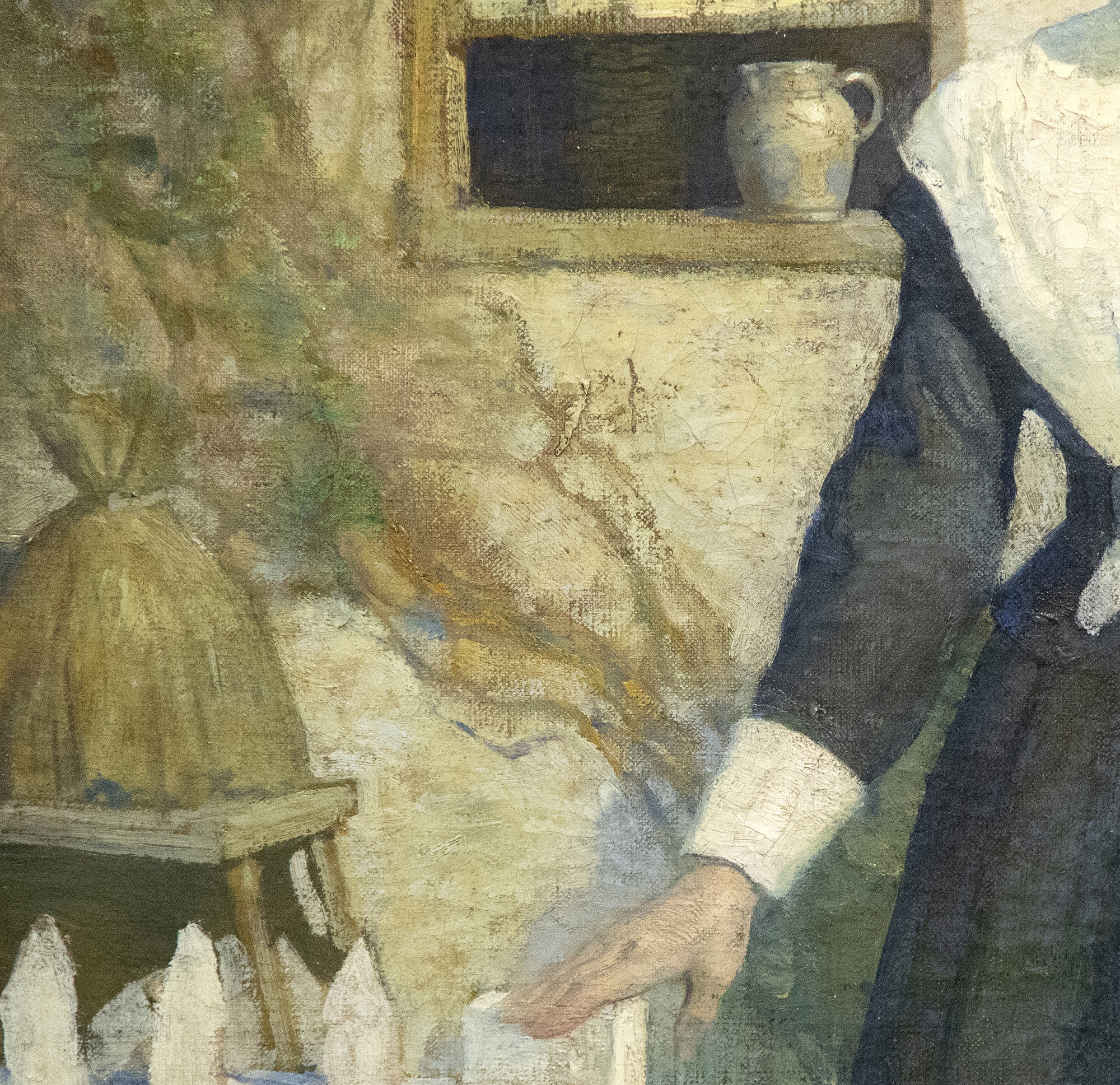 N.C. WYETH - "Good-bye, Mistress Friendly-Soul!" Initially used as a frontispiece illustration for the 1914 novel, “The Witch,” by Mary Johnston, Wyeth’s painting presents a poignant scene of friendship and understanding between a grieving, independent woman and a generous, misunderstood doctor. Although the two hardly know each other, they have a shared understanding of and reverence for what is good. While the rest of the town searches for the devil in all things, these two choose kindness and light. Here, they take a moment to appreciate the lives they have led and the good they have done. Wyeth’s illustration depicts hope and expectation of good despite the perils and sorrows of human life.
<br>
<br>In addition to illustrating more than 100 books, including adventure classics like Treasure Island, Kidnapped, Robinson Crusoe, and The Last of the Mohicans, Wyeth was also a highly regarded muralist, receiving numerous commissions for prestigious corporate and government buildings throughout the United States. Wyeth’s style, honed by early work at the Saturday Evening Post and Scribner’s, demonstrates his keen awareness of the revealing gesture, allowing readers to instantly grasp the essence of a scene.