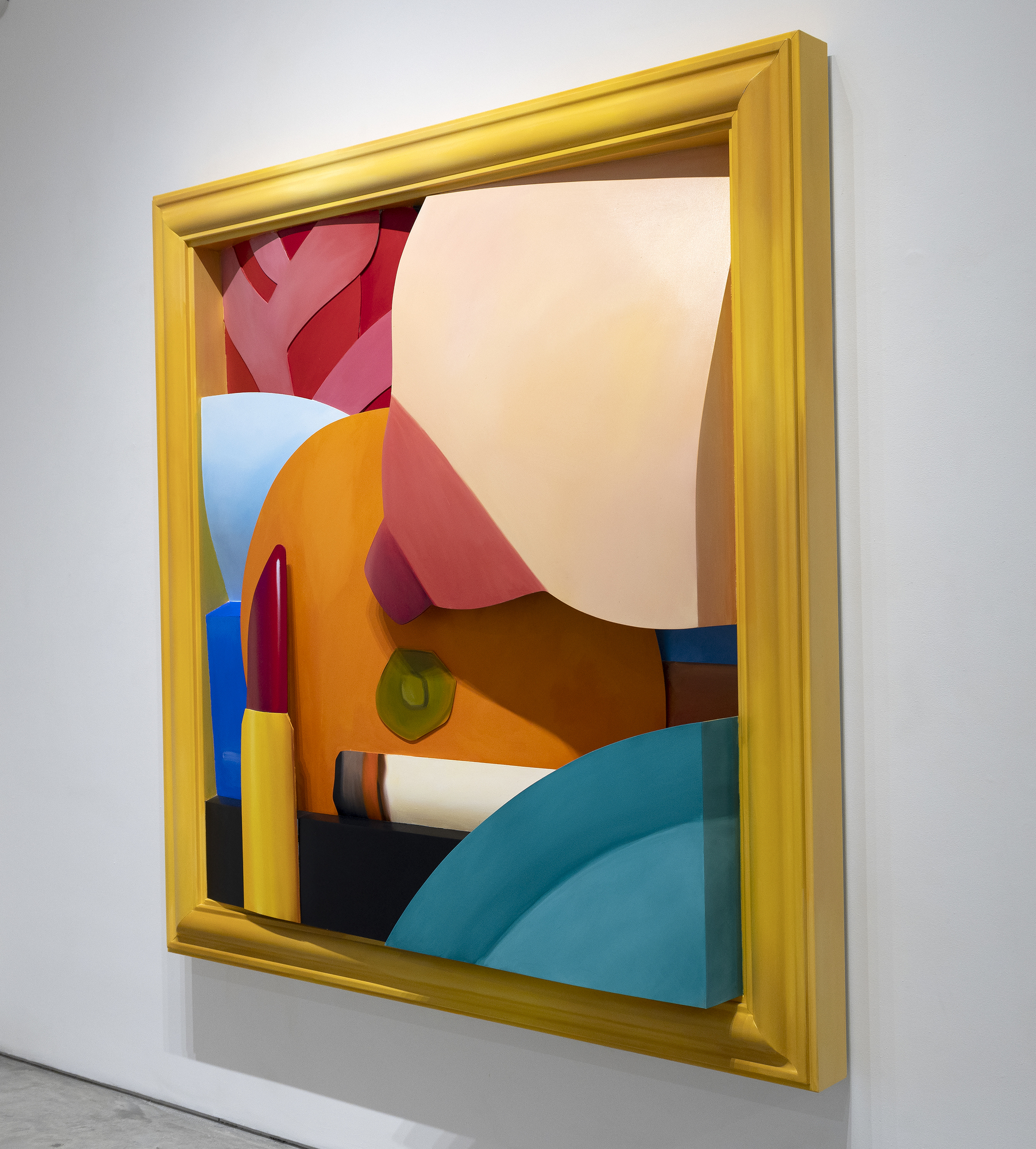 TOM WESSELMANN - Bedroom Breast Tom Wesselmann was a leader of the Pop Art movement. He is best remembered for large-scale works, including his Great American Nude series, in which Wesselmann combined sensual imagery with everyday objects depicted in bold and vibrant colors. As he developed in his practice, Wesselmann grew beyond the traditional canvas format and began creating shaped canvases and aluminum cut-outs that often functioned as sculptural drawings. Continuing his interest in playing with scale, Wesselmann began focusing more closely on the body parts that make up his nudes. He created his Mouth series and his Bedroom series in which particular elements, rather than the entire sitter, become the focus.
<br>
<br>Bedroom Breast (2004) combines these techniques, using vivid hues painted on cut-out aluminum. The work was a special commission for a private collector's residence, and the idea of a bedroom breast piece in oil on 3-D cut-out aluminum was one Wesselmann had been working with for many years prior to this work's creation. The current owner of the piece believed in Wesselmann's vision and loved the idea of bringing the subject to his home.
<br>
<br>It's one of, if not the last, piece Wesselmann completed before he passed away. The present work is the only piece of its kind - there has never been an oil on aluminum in 3D at this scale or of this iconography.