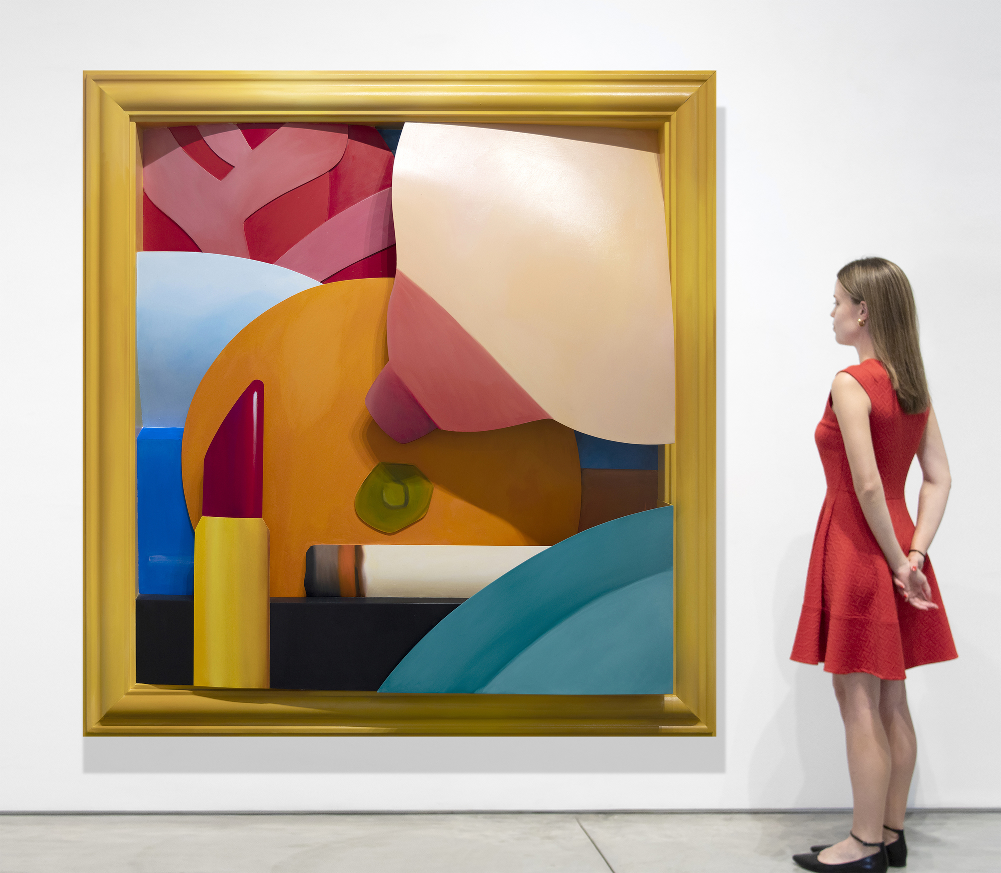 TOM WESSELMANN - Bedroom Breast Tom Wesselmann was a leader of the Pop Art movement. He is best remembered for large-scale works, including his Great American Nude series, in which Wesselmann combined sensual imagery with everyday objects depicted in bold and vibrant colors. As he developed in his practice, Wesselmann grew beyond the traditional canvas format and began creating shaped canvases and aluminum cut-outs that often functioned as sculptural drawings. Continuing his interest in playing with scale, Wesselmann began focusing more closely on the body parts that make up his nudes. He created his Mouth series and his Bedroom series in which particular elements, rather than the entire sitter, become the focus.
<br>
<br>Bedroom Breast (2004) combines these techniques, using vivid hues painted on cut-out aluminum. The work was a special commission for a private collector's residence, and the idea of a bedroom breast piece in oil on 3-D cut-out aluminum was one Wesselmann had been working with for many years prior to this work's creation. The current owner of the piece believed in Wesselmann's vision and loved the idea of bringing the subject to his home.
<br>
<br>It's one of, if not the last, piece Wesselmann completed before he passed away. The present work is the only piece of its kind - there has never been an oil on aluminum in 3D at this scale or of this iconography.