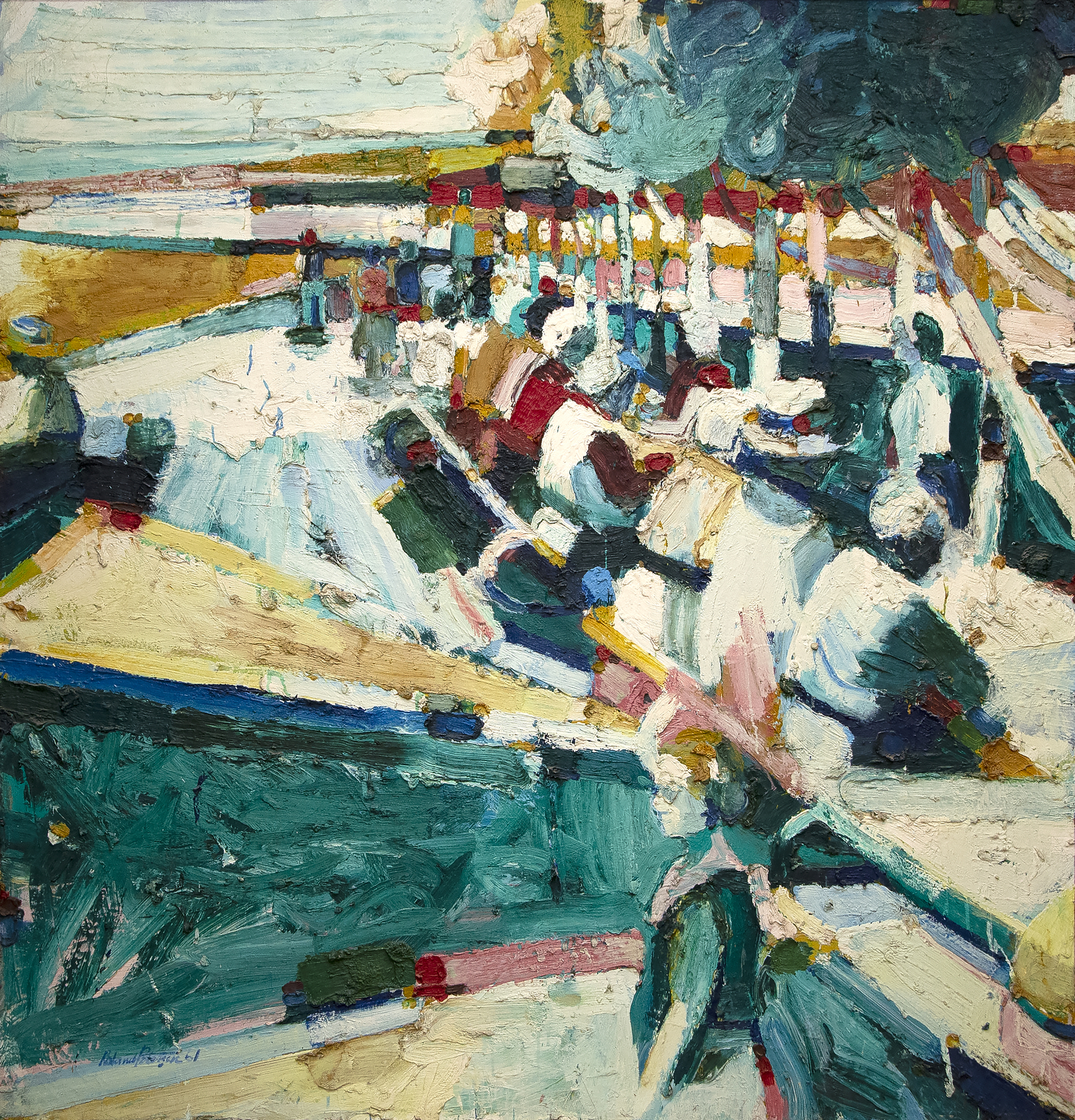 ROLAND PETERSEN - Luncheon Bay Area artist Roland Petersen’s Luncheon is an oil on canvas from 1961, a critical year for his best-known Picnic series. His work from this period is characterized by thick impasto and rich color. Profoundly influenced by studies with Hans Hoffman, Petersen experimented with abstraction, here blending abstract and figurative styles. Painted when Petersen was 35 years old, Luncheon lies within a timeframe that includes his sold-out one-man show in 1962 at Staempfli Gallery, New York, his solo show at Esther-Robles in Los Angeles, and the Guggenheim Fellowship that afforded the opportunity for study in Paris.