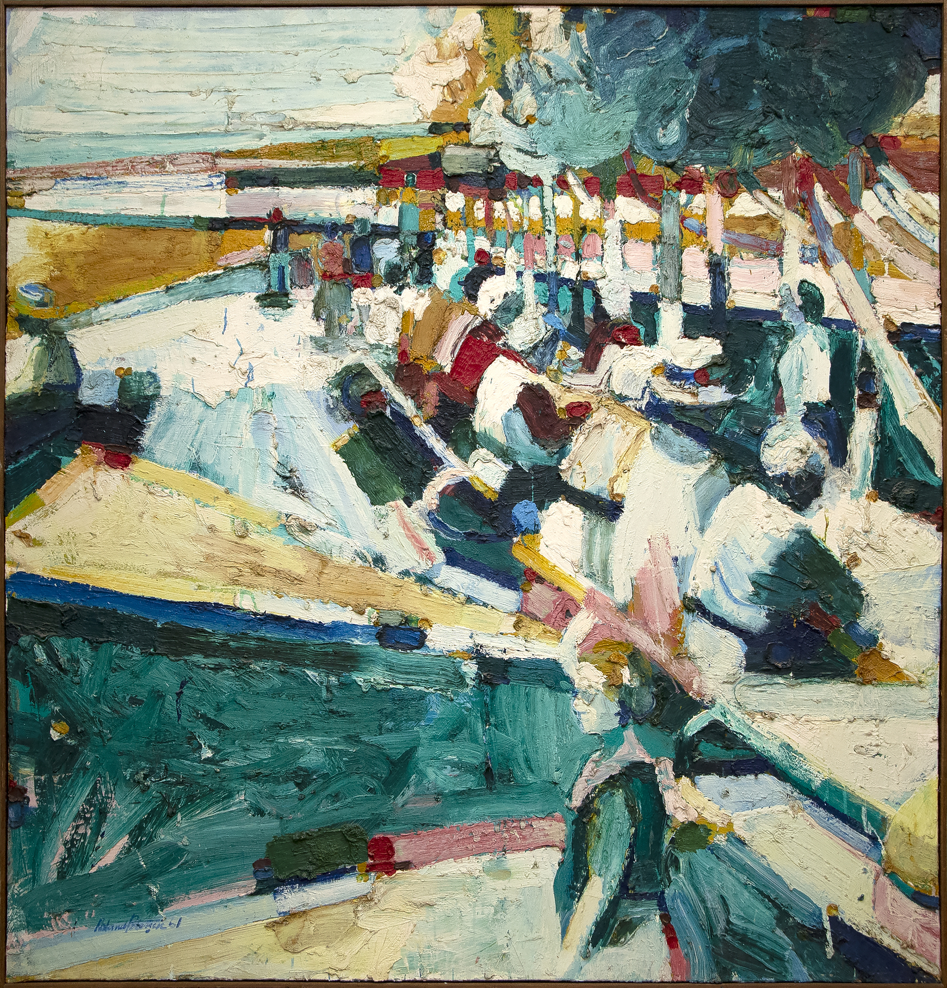 ROLAND PETERSEN - Luncheon Bay Area artist Roland Petersen’s Luncheon is an oil on canvas from 1961, a critical year for his best-known Picnic series. His work from this period is characterized by thick impasto and rich color. Profoundly influenced by studies with Hans Hoffman, Petersen experimented with abstraction, here blending abstract and figurative styles. Painted when Petersen was 35 years old, Luncheon lies within a timeframe that includes his sold-out one-man show in 1962 at Staempfli Gallery, New York, his solo show at Esther-Robles in Los Angeles, and the Guggenheim Fellowship that afforded the opportunity for study in Paris.