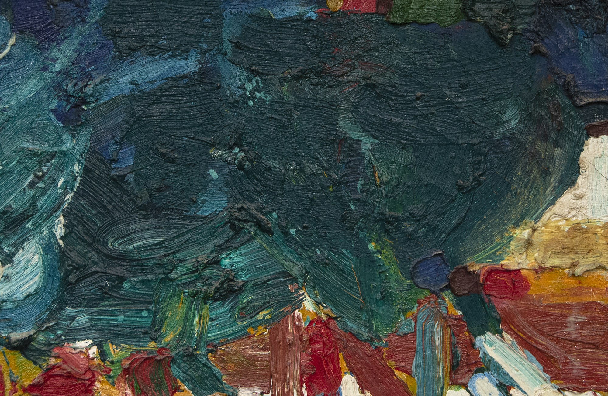 ROLAND PETERSEN - Luncheon Bay Area artist Roland Petersen’s Luncheon is an oil on canvas from 1961, a critical year for his best-known Picnic series. His work from this period is characterized by thick impasto and rich color. Profoundly influenced by studies with Hans Hoffman, Petersen experimented with abstraction, here blending abstract and figurative styles. Painted when Petersen was 35 years old, Luncheon lies within a timeframe that includes his sold-out one-man show in 1962 at Staempfli Gallery, New York, his solo show at Esther-Robles in Los Angeles, and the Guggenheim Fellowship that afforded the opportunity for study in Paris.