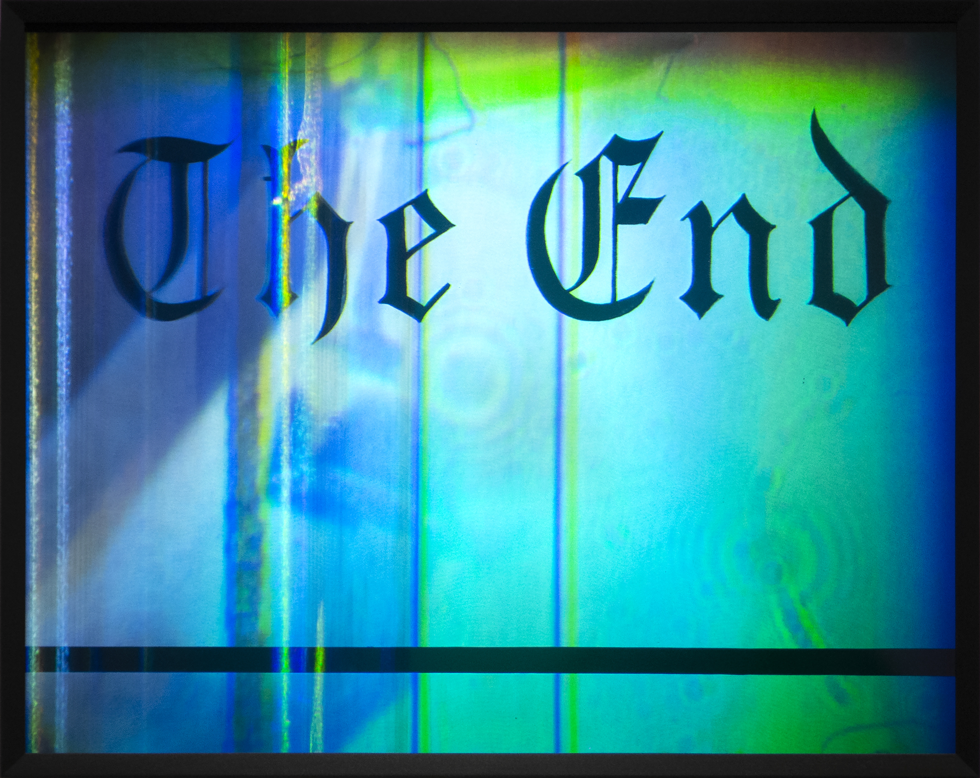 ED RUSCHA - The End Ed Ruscha is one of the most distinguished American artists due in part for his explorations of the symbols of Americana and the relationship between language and art. The End is a cinematic theme that the artist used in the 1990s and 2000s, appearing in paintings, prints, and drawings – notably the 1991 large-scale painting at the Museum of Modern Art. Addressing the passage of time and obsolescence, Ruscha makes use of an antiquated typeface and an old cinematic tradition of using text in film. The concept of ephemerality is enhanced by the words themselves, The End, and the nature of the medium itself; considered futuristic when it was developed in the 1960s, the laser technology for holograms also creates a sense of impermanence as the images change with the viewer’s movement. While there is innate movement in the shifting words and images, these holograms also represent a full stop – a transitory moment frozen in time.