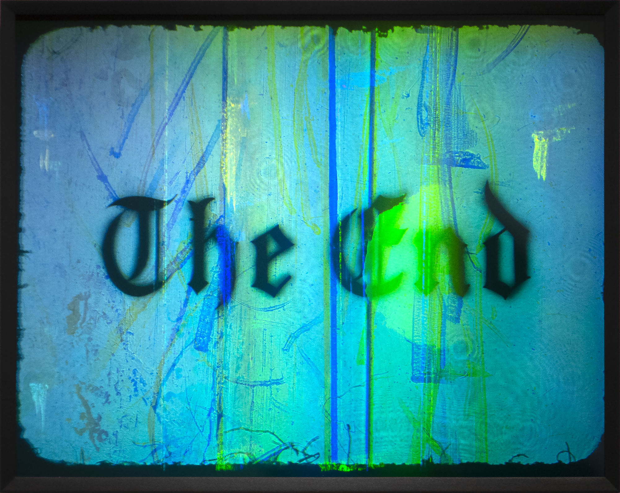 ED RUSCHA - The End Ed Ruscha is one of the most distinguished American artists due in part for his explorations of the symbols of Americana and the relationship between language and art. The End is a cinematic theme that the artist used in the 1990s and 2000s, appearing in paintings, prints, and drawings – notably the 1991 large-scale painting at the Museum of Modern Art. Addressing the passage of time and obsolescence, Ruscha makes use of an antiquated typeface and an old cinematic tradition of using text in film. The concept of ephemerality is enhanced by the words themselves, The End, and the nature of the medium itself; considered futuristic when it was developed in the 1960s, the laser technology for holograms also creates a sense of impermanence as the images change with the viewer’s movement. While there is innate movement in the shifting words and images, these holograms also represent a full stop – a transitory moment frozen in time.