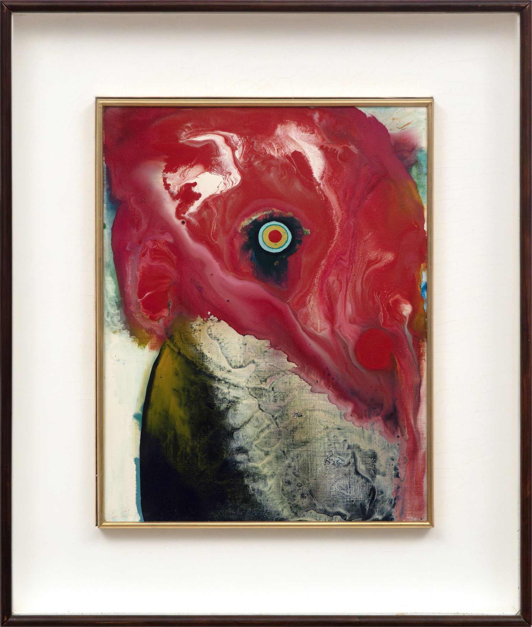 SADAMASA MOTONAGA - Untitled As a member of the legendary Gutai Art Association that flourished between 1954 and 1972, Sadamasa Motonaga emerged when post-atomic surrealist existentialism was at the forefront of artistic development in Japan. Yet he chose a different path. He turned his back on the destruction wrought by the war and created work that was fresh, jubilant, and playful. “Untitled” of 1966 is in his classic style, which developed concurrently with Morris Louis’ so-called ‘Veil’ paintings. It might suggest the brightly lit comb, eye and mottled plumage of a gallinaceous bird, but any such associations are probably arbitrary and unintended. Instead, it is a brilliantly successful display of Motonaga’s avant-garde take on traditional Japanese Tarashikomi — the technique that involves tilting the canvas at different angles to allow mixtures of resin and enamel to flow upon one another before the paint is fully dry.