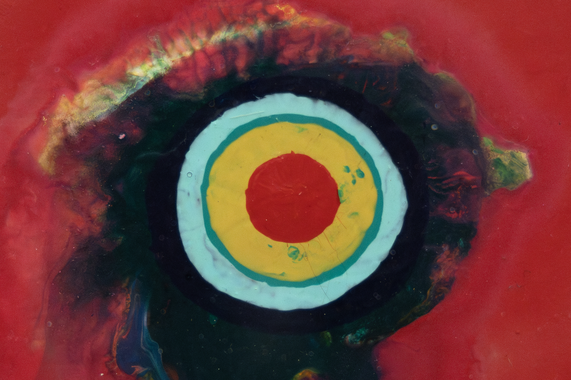 SADAMASA MOTONAGA - Untitled As a member of the legendary Gutai Art Association that flourished between 1954 and 1972, Sadamasa Motonaga emerged when post-atomic surrealist existentialism was at the forefront of artistic development in Japan. Yet he chose a different path. He turned his back on the destruction wrought by the war and created work that was fresh, jubilant, and playful. “Untitled” of 1966 is in his classic style, which developed concurrently with Morris Louis’ so-called ‘Veil’ paintings. It might suggest the brightly lit comb, eye and mottled plumage of a gallinaceous bird, but any such associations are probably arbitrary and unintended. Instead, it is a brilliantly successful display of Motonaga’s avant-garde take on traditional Japanese Tarashikomi — the technique that involves tilting the canvas at different angles to allow mixtures of resin and enamel to flow upon one another before the paint is fully dry.