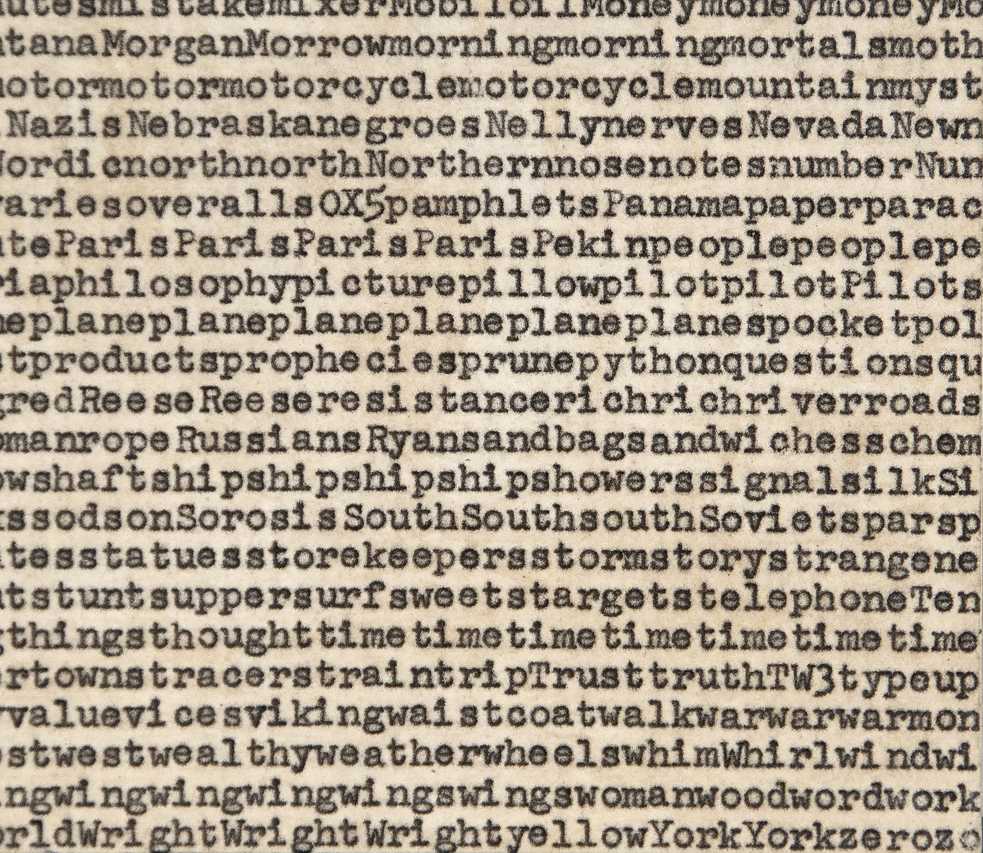 Carl Andre is an American artist who helped pioneer minimalist sculpture and was the husband of famed and celebrated artist Ana Mendieta. This is a classic text piece from the early 1960s and is typical of his poems which are composed by selecting individual words from source texts, and then ordering them on the page according to simple and self-evident criteria, which, in this case, is by alphabetical listing. Aviator Charles Lindbergh deep fascinated Carl Andre whom he returned to as a source for his poetry. This work with its structured repetition like his famed sculptures reflect the minimalism and post-minimalism emerging in the 1960s and the 1970s including fellow concrete poet Christopher Knowles.