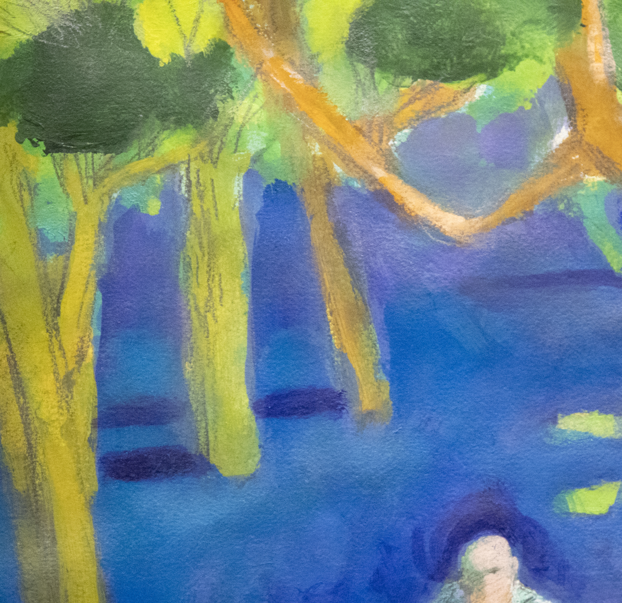 פול וונר - פארק עם דמויות סביב עץ - אקריליק ועיפרון על נייר - 22 1/4 x 30 אינץ '.