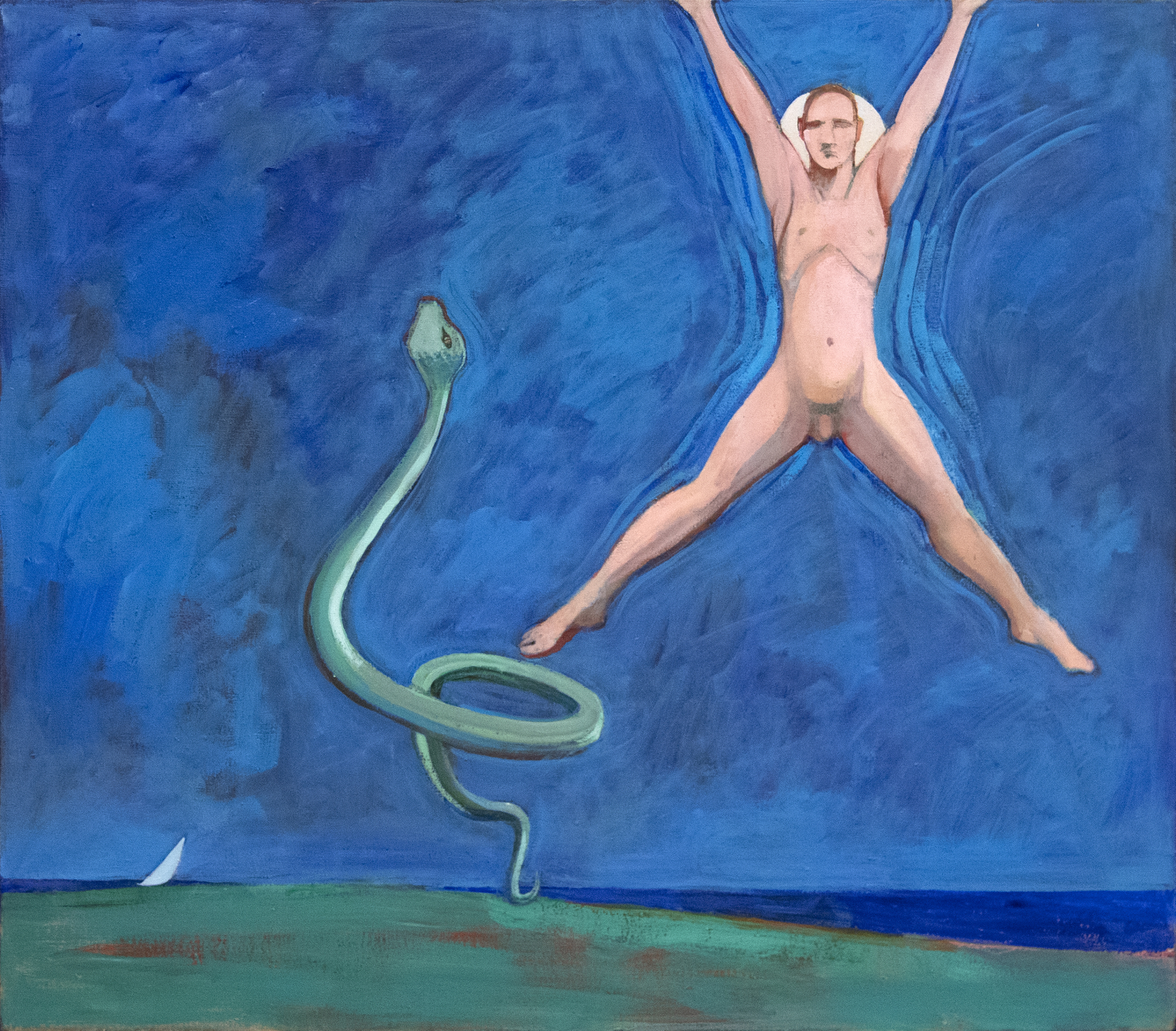 ויליאם תיאופילוס בראון - ללא כותרת (ציור עם אדם קופץ ונחש) - אקריליק על בד - 38 x 42 אינץ '.