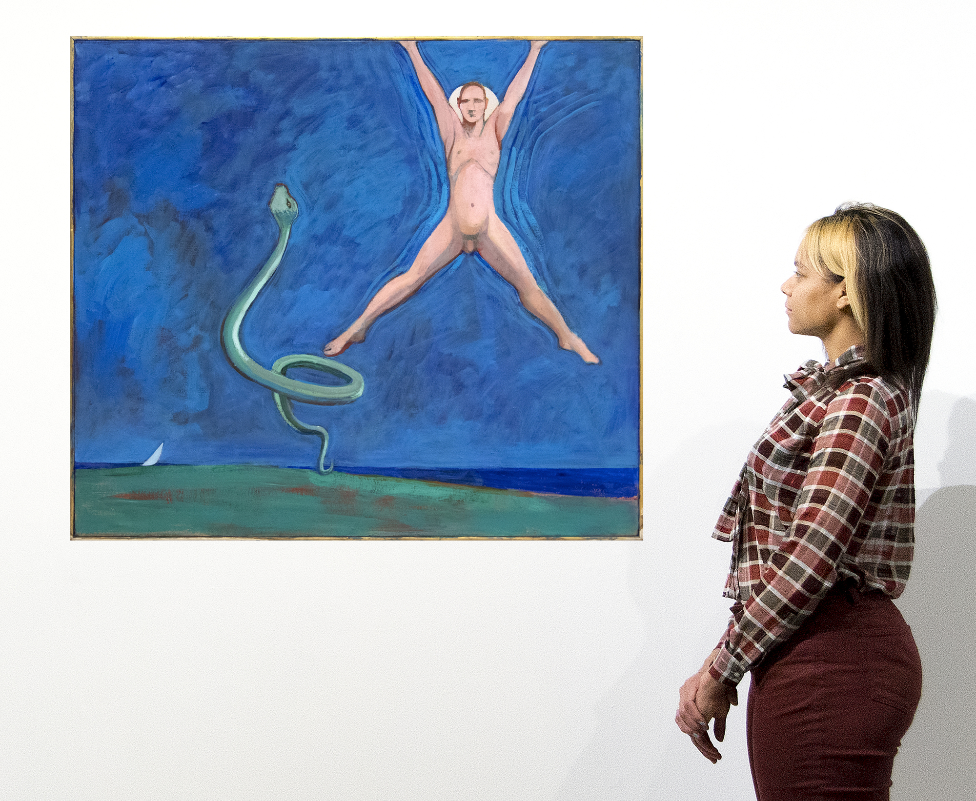 ויליאם תיאופילוס בראון - ללא כותרת (ציור עם אדם קופץ ונחש) - אקריליק על בד - 38 x 42 אינץ '.