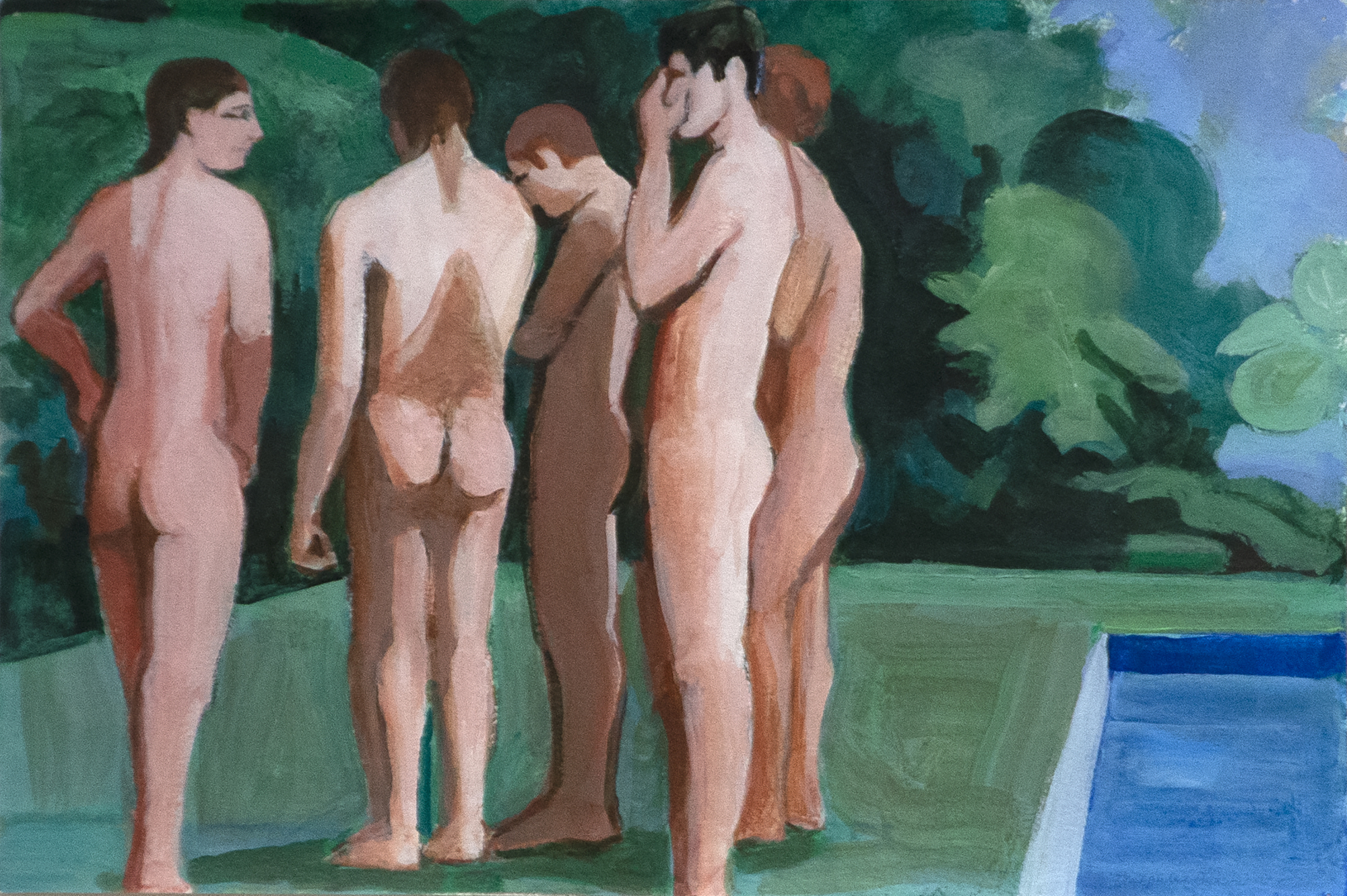 WILLIAM THEOPHILUS BROWN - Untitled (Group of Nudes by the Pool) - acrylic on paper - 10 x 15 in.