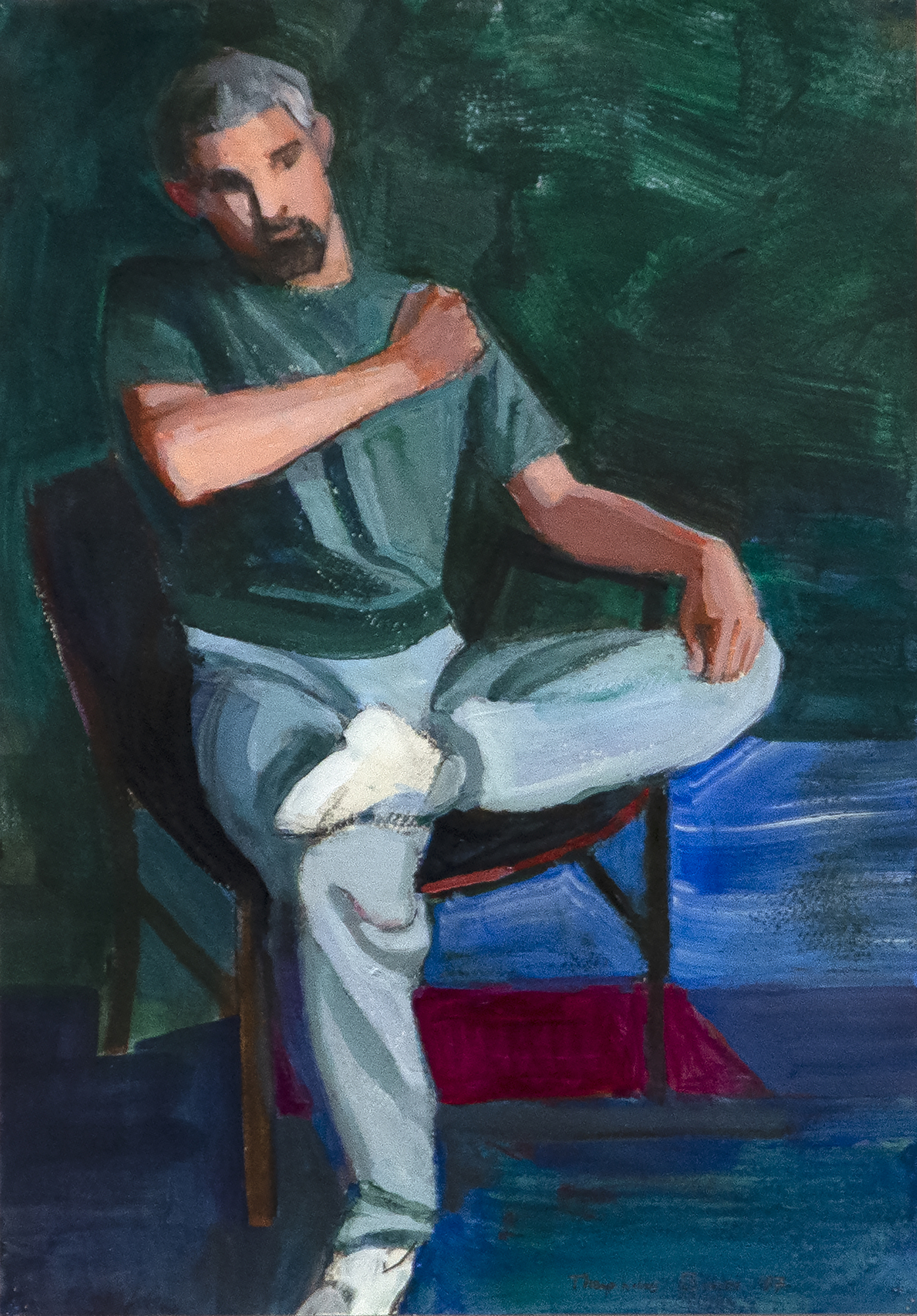 WILLIAM THEOPHILUS BROWN - Jamie Seated (Green Background) - acrylic and oil on canvas - 14 x 9 3/4 in.