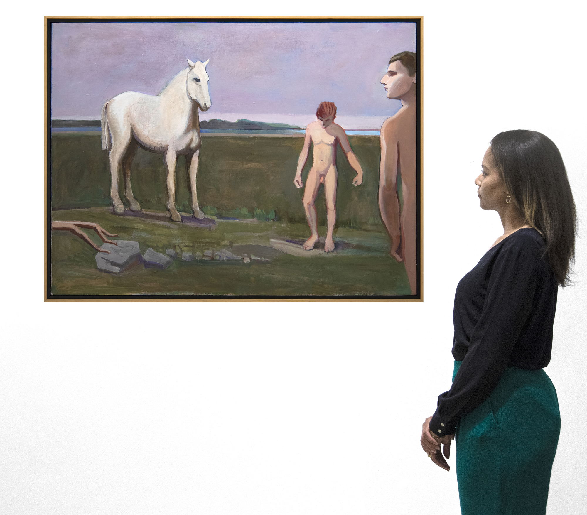 WILLIAM THEOPHILUS BROWN - Horse with Swimmers at Beach ウィリアム・テオフィラス・ブラウン - ビーチでスイマーと馬 - キャンバスにアクリル - 36 x 48インチ。