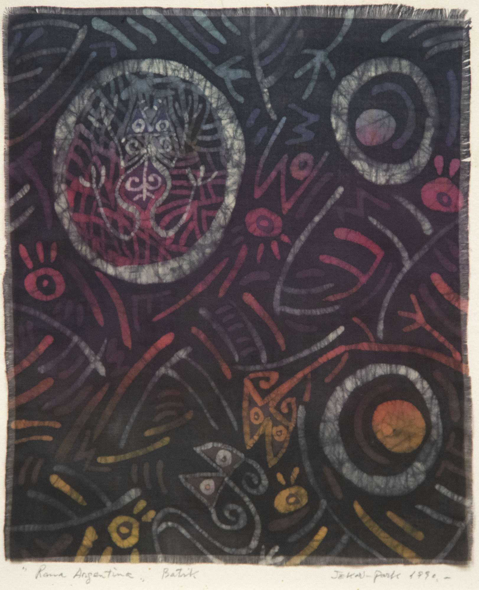 JAE KON PARK - Argentinian Frogs JAE KON PARK - Argentinian Frogs - batkin on fabric - 12 x 10 1/4 in.