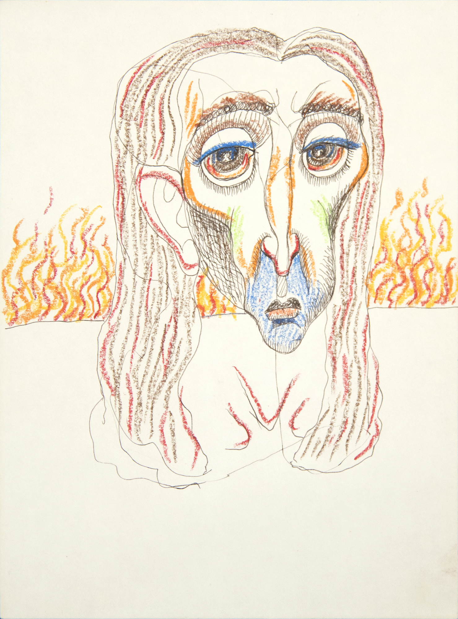 IRVING NORMAN - Untitled (Head with Fire) IRVING NORMAN - Ohne Titel (Kopf mit Feuer) - Graphit und Buntstift auf Papier - 12 x 8 7/8 in.