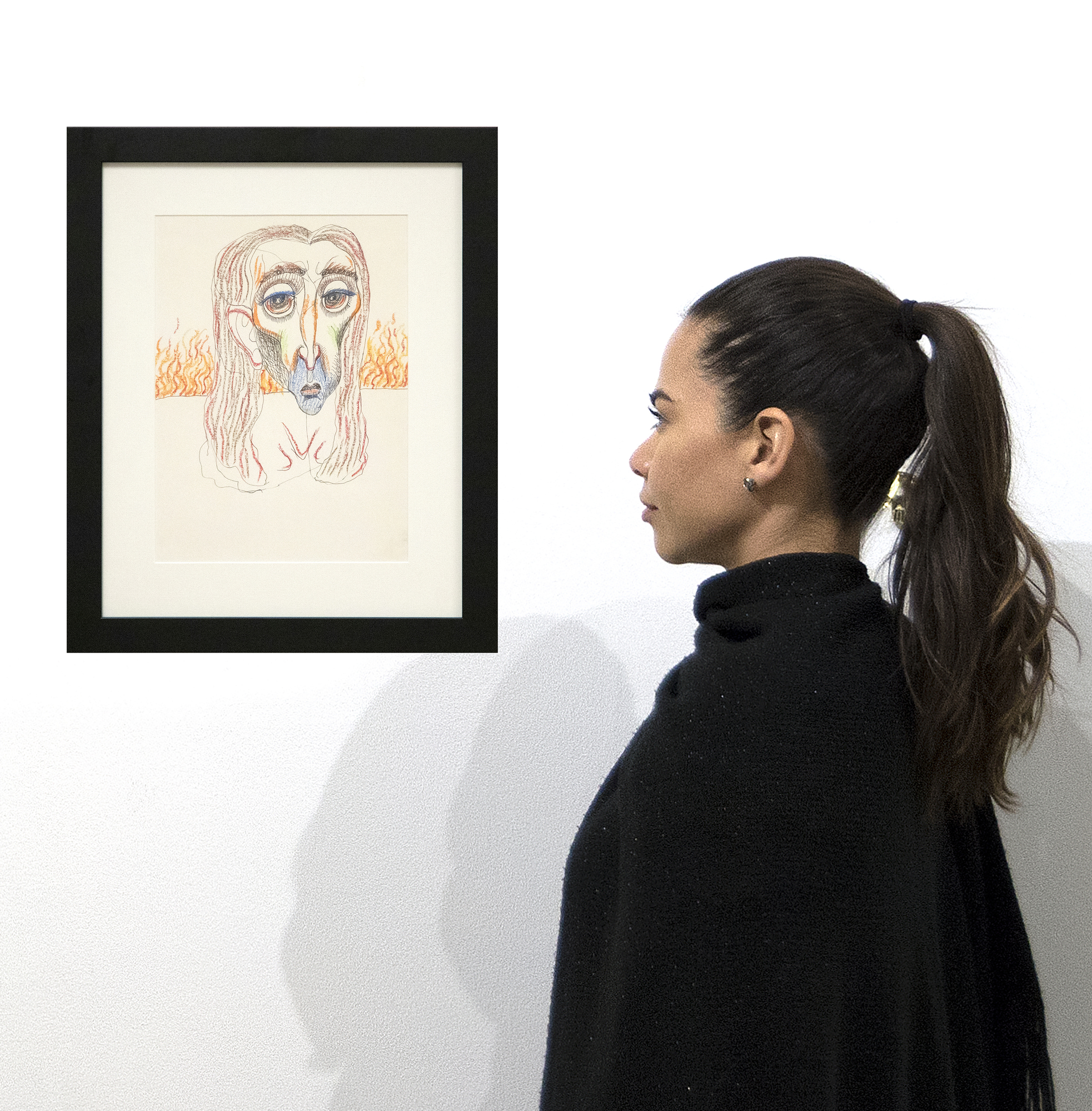 IRVING NORMAN - Untitled (Head with Fire) IRVING NORMAN - Ohne Titel (Kopf mit Feuer) - Graphit und Buntstift auf Papier - 12 x 8 7/8 in.