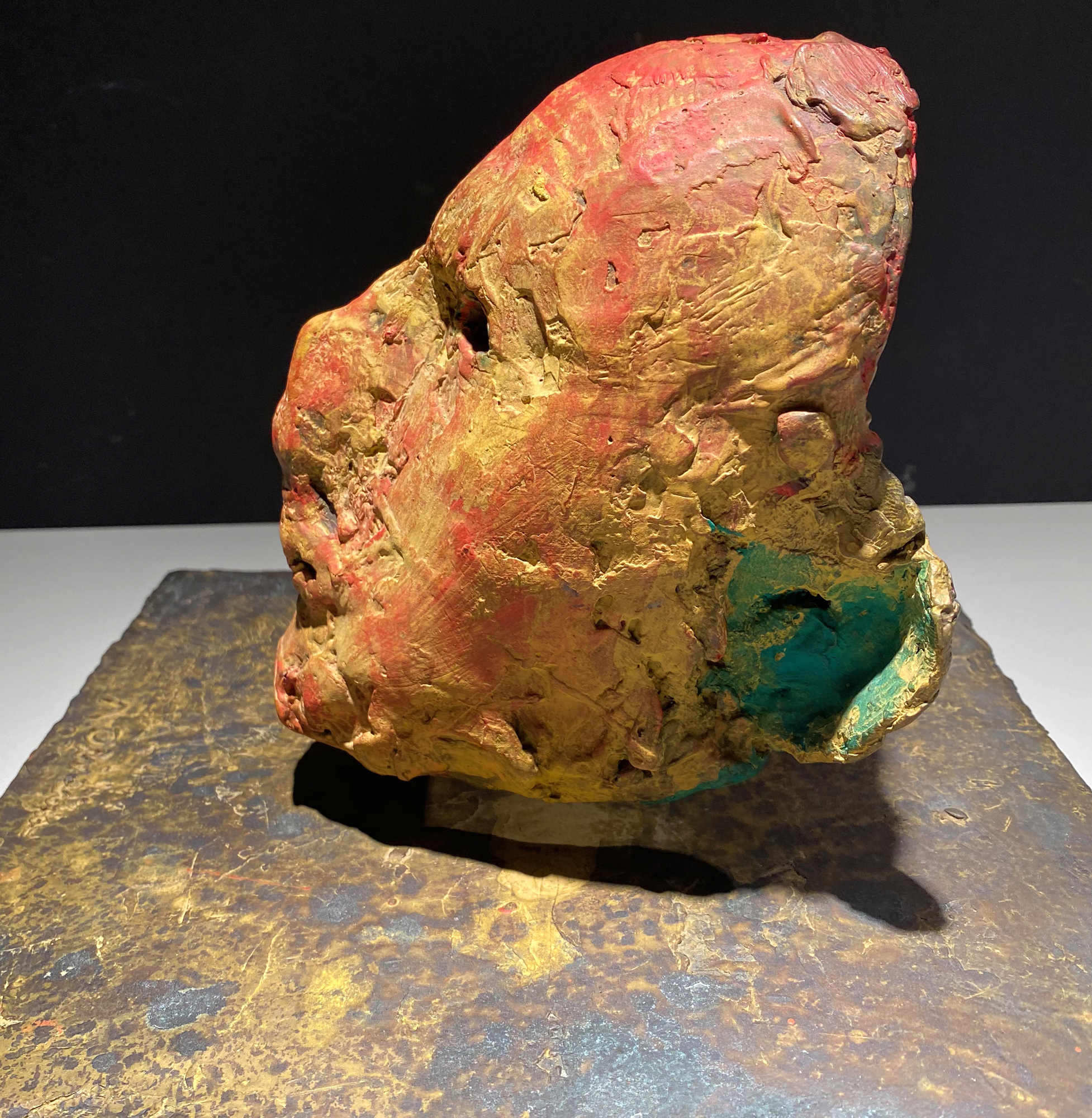 NATHAN OLIVEIRA - Mask #6 (Maroon with Green Ear) - bronze and acrylic - 9 x 11 3/4 x 11 3/4 in.