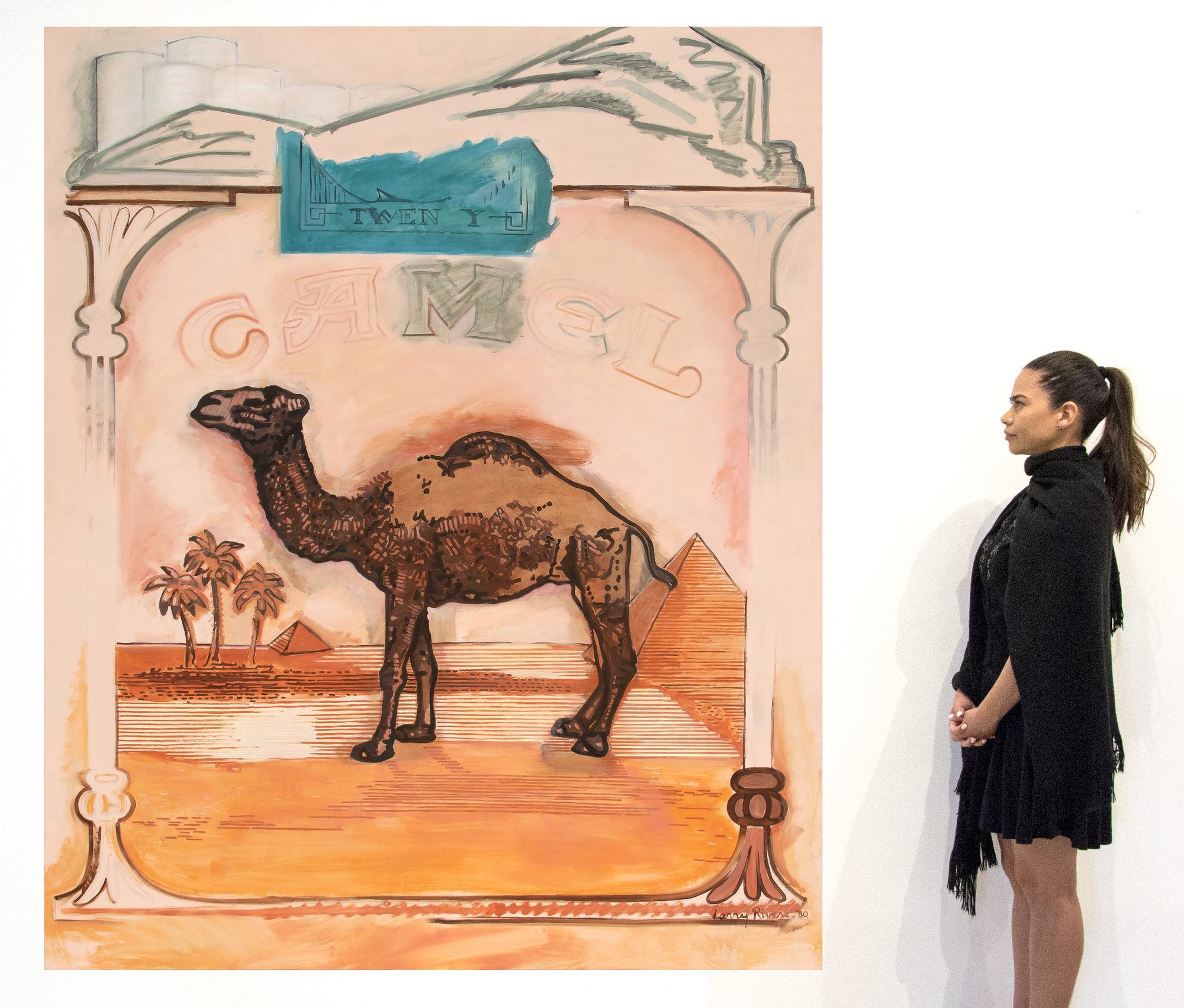 LARRY RIVERS - Beyond Camel Larry Rivers is considered by many to be the father of the Pop Art movement. In Rivers's 1980 work "Beyond Camel," we see a slightly out of focus Camel Cigarette pack, an item from consumer culture Rivers has appropriated to create a critique of commoditization and consumer culture. Rivers would have certainly been aware of the work of Stuart Davis and his 1921 painting, "Lucky Strike," depicting a flattened pack of cigarettes. Rivers interprets his subject with a Pop Art perspective; however, the imagery is almost larger than life, and the brand image is presented as a subject unto itself. <br><br>In 2002, a retrospective of Rivers's work was held at the Corcoran Gallery of Art in Washington, D.C.