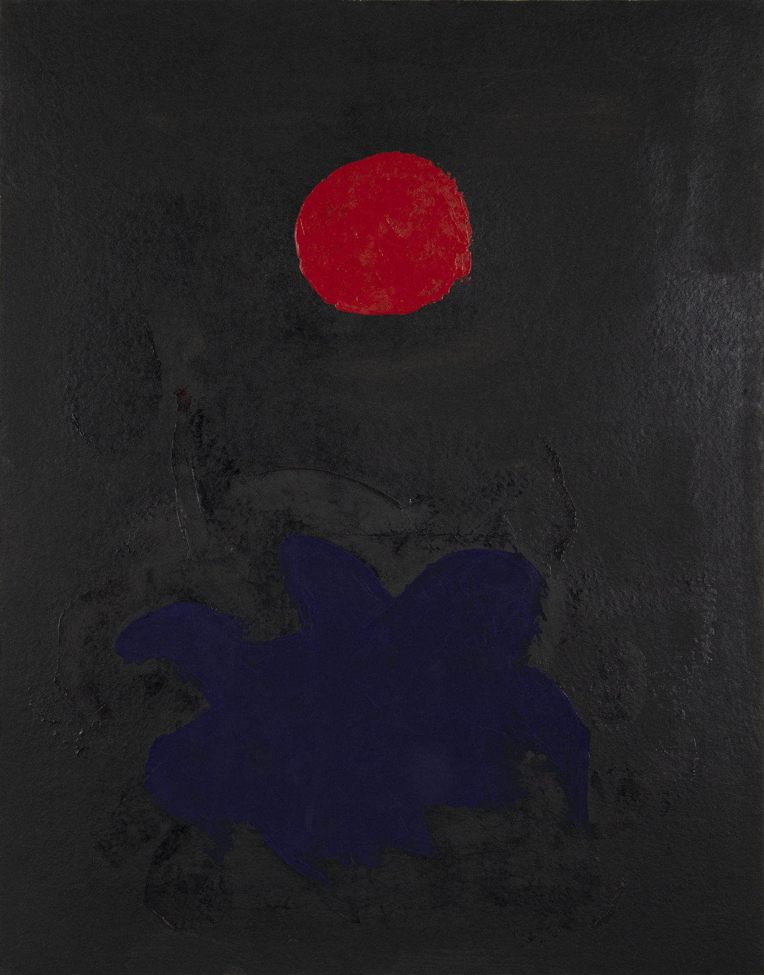 ADOLPH GOTTLIEB - Blue on Black Gottlieb was a first-generation member of the Abstract Expressionists. “Blue on Black” is from his trademark “Burst” series. Like fellow Ab Ex artists including Pollock who settled into their signature style late in their careers, it was not until 1956 that Gottlieb focused on these burst paintings.
<br>
<br>This painting showcases the lyricism that he found within the “Burst” paintings by simplifying color and form. In this painting, the shapes and color coalesce to produce harmony and depth within the visual landscape of the canvas.
<br>
<br>Gottlieb had an amazing 56 solo exhibitions during his long career and his works are included in over 140 museums throughout the world.