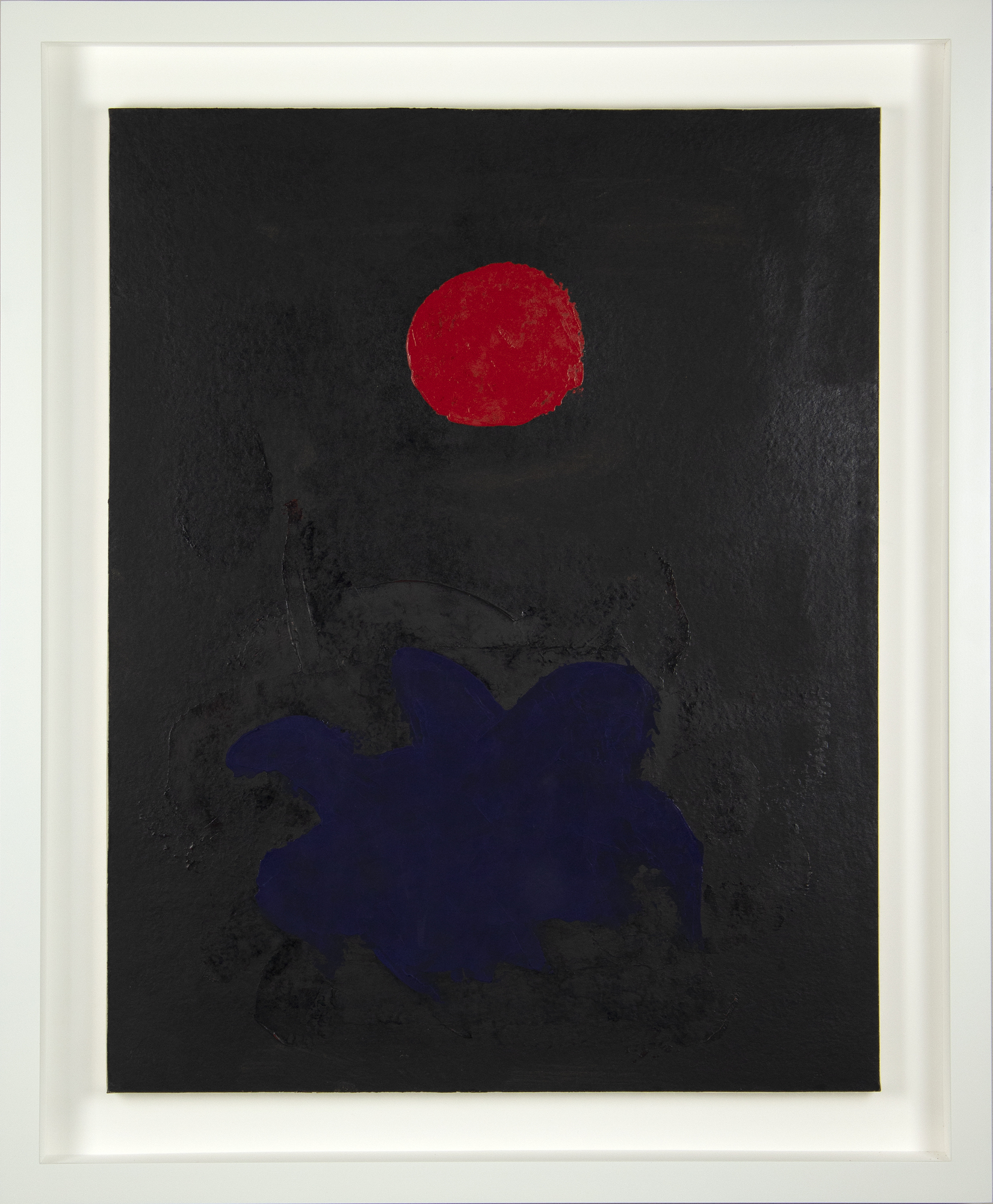 Gottlieb was a first-generation member of the Abstract Expressionists. “Blue on Black” is from his trademark “Burst” series. Like fellow Ab Ex artists including Pollock who settled into their signature style late in their careers, it was not until 1956 that Gottlieb focused on these burst paintings.<br><br>This painting showcases the lyricism that he found within the “Burst” paintings by simplifying color and form. In this painting, the shapes and color coalesce to produce harmony and depth within the visual landscape of the canvas.<br><br>Gottlieb had an amazing 56 solo exhibitions during his long career and his works are included in over 140 museums throughout the world.