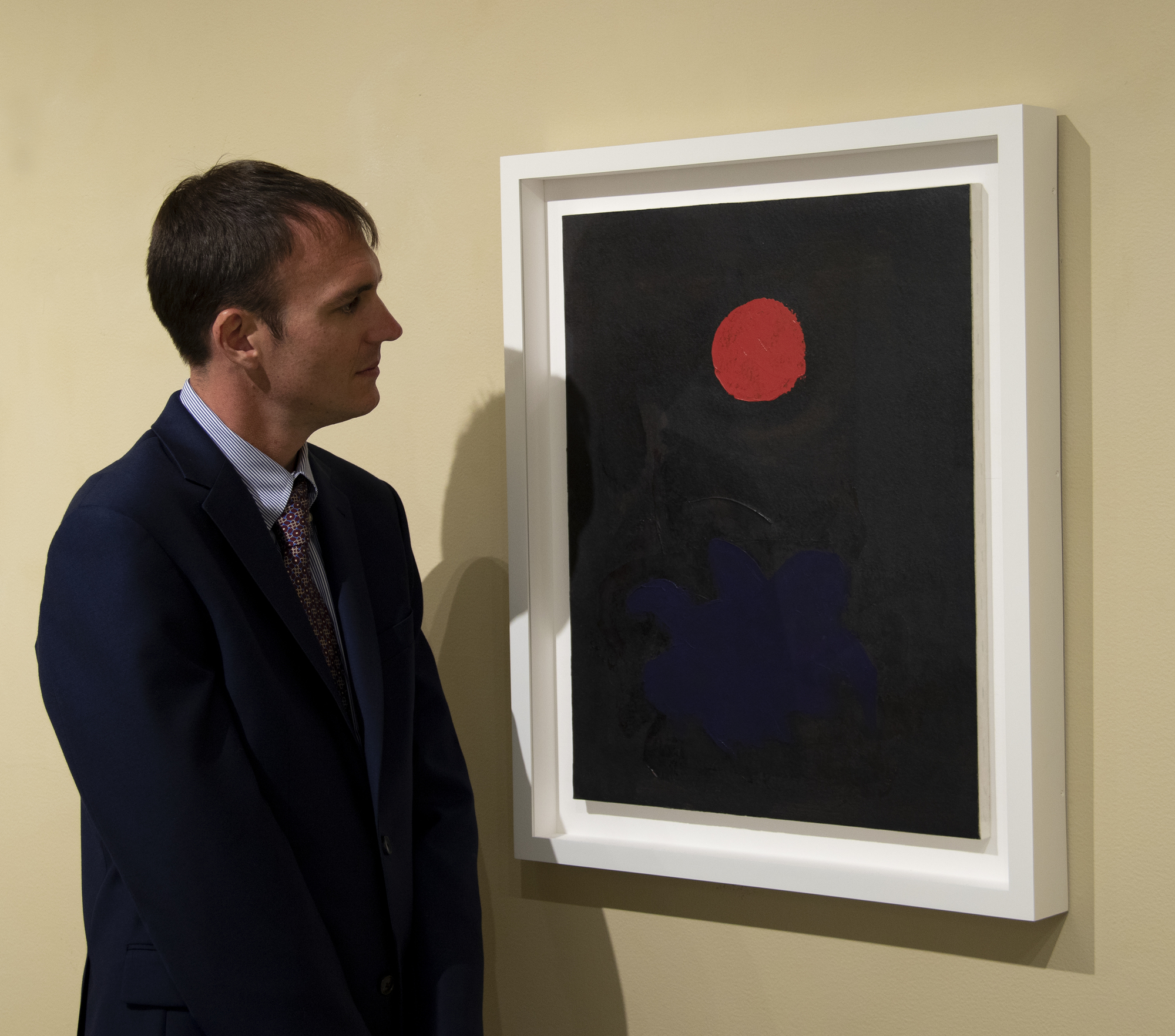 ADOLPH GOTTLIEB - Blue on Black Gottlieb was a first-generation member of the Abstract Expressionists. “Blue on Black” is from his trademark “Burst” series. Like fellow Ab Ex artists including Pollock who settled into their signature style late in their careers, it was not until 1956 that Gottlieb focused on these burst paintings.
<br>
<br>This painting showcases the lyricism that he found within the “Burst” paintings by simplifying color and form. In this painting, the shapes and color coalesce to produce harmony and depth within the visual landscape of the canvas.
<br>
<br>Gottlieb had an amazing 56 solo exhibitions during his long career and his works are included in over 140 museums throughout the world.