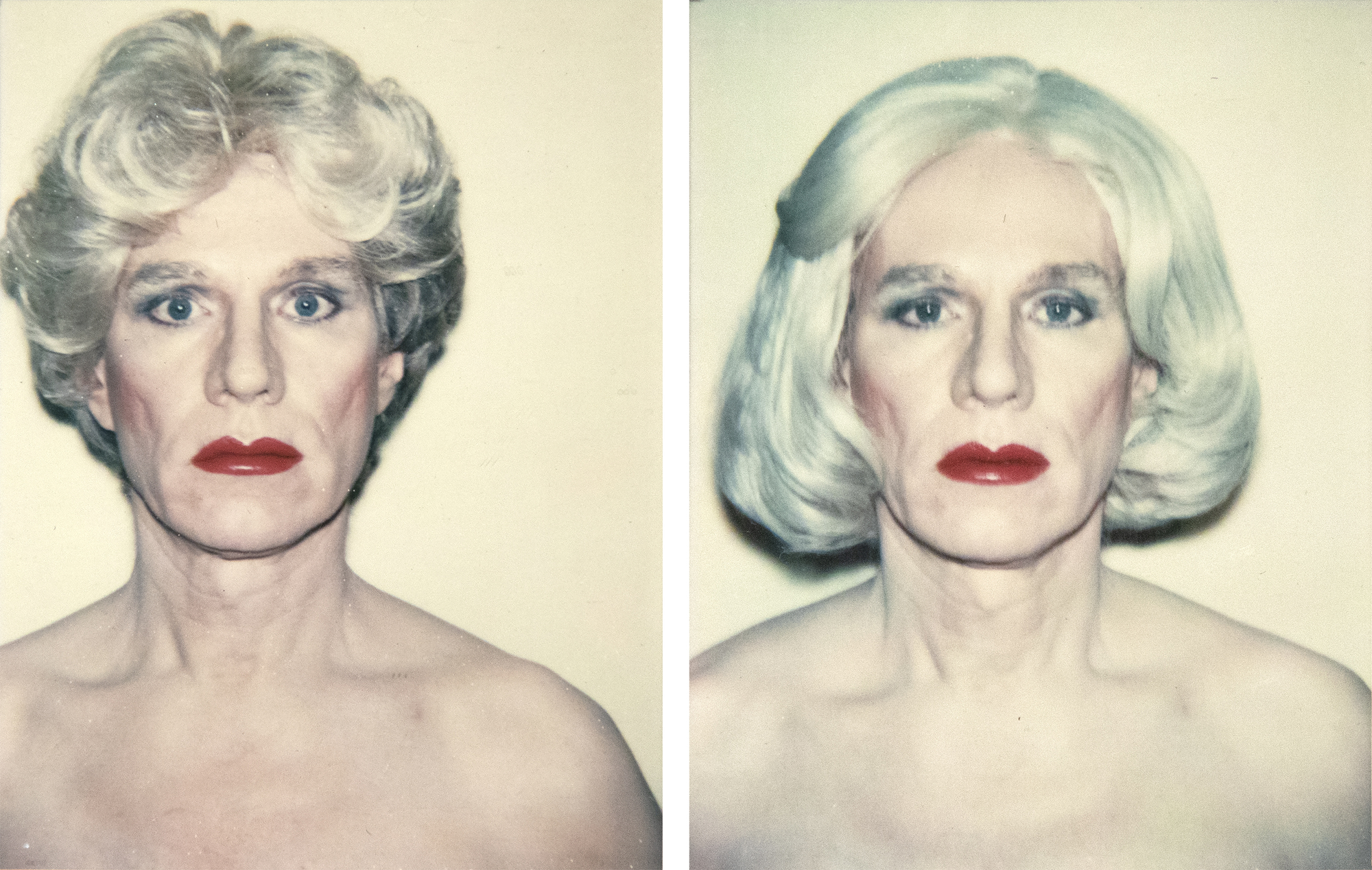 ANDY WARHOL - Self-Portrait in a Platinum Wig; Self-Portrait in a Platinum Pageboy Wig - Polaroid, Polacolor - 4 1/4 x 3 3/8 in. ea.