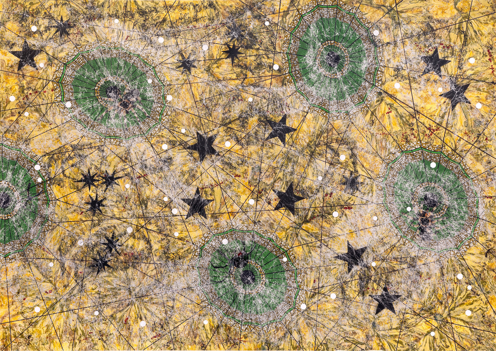 MERION ESTES - Black Star - collage de tissu et peinture acrylique sur tissu imprimé avec transferts de photos - 61 x 87 in.