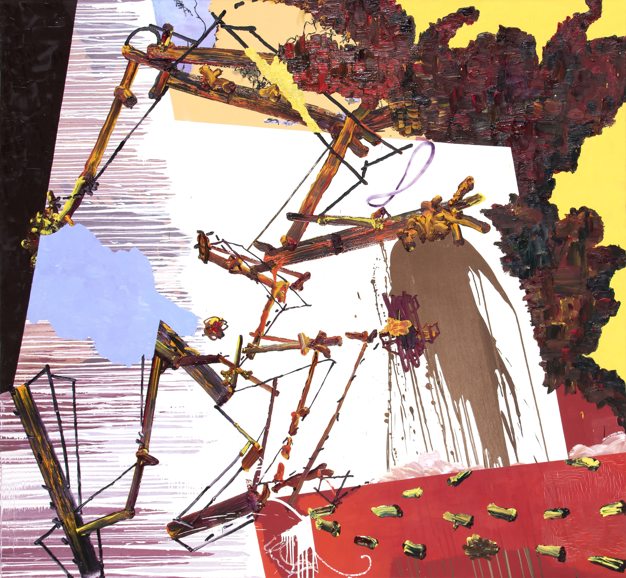 FIONA RAE - Untitled (yellow, red + brown) FIONA RAE - Sans titre (jaune, rouge + brun) - huile sur toile - 72 x 78 in.