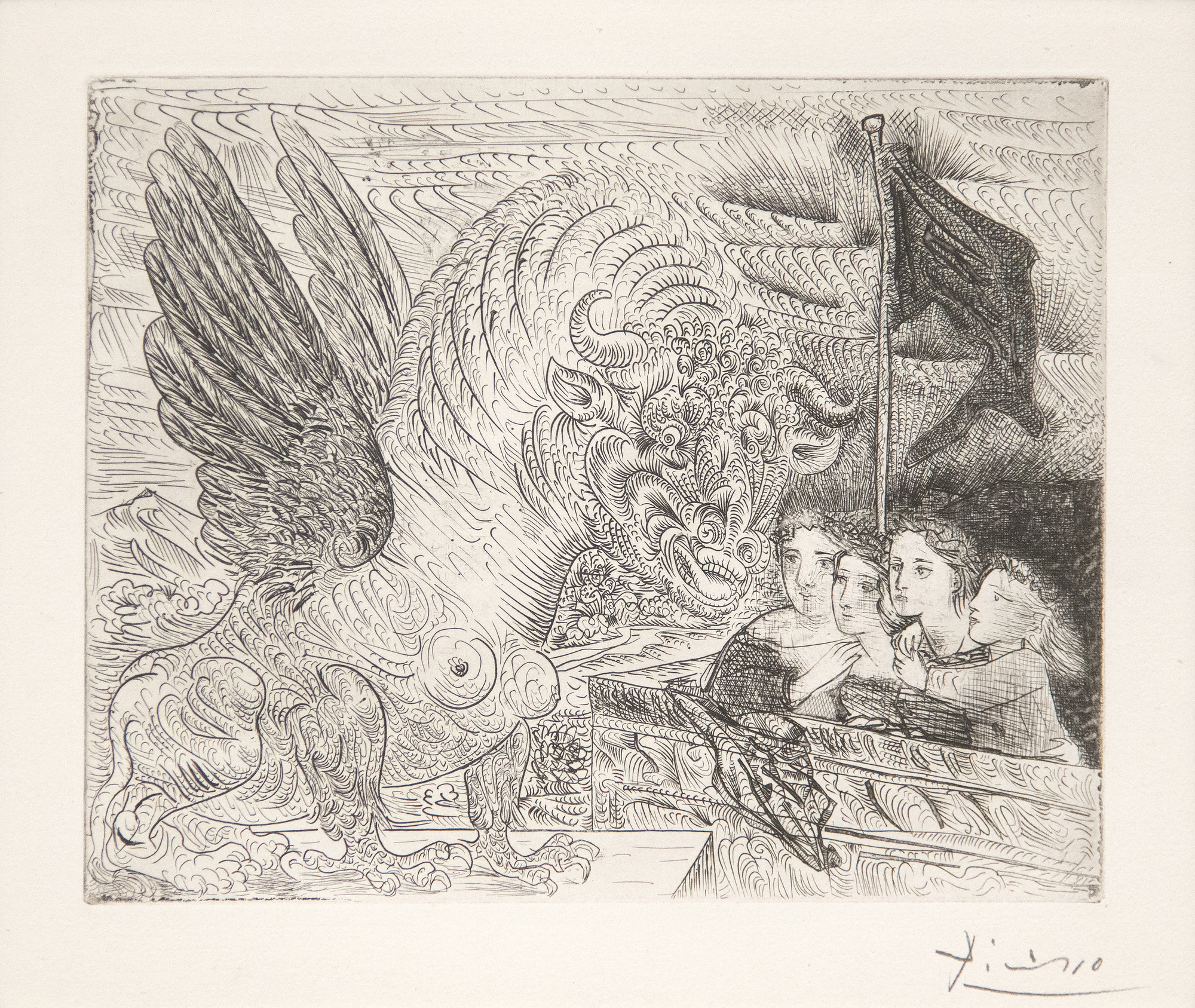 PABLO PICASSO - Harpye a tete de Taureau, et quatre petites filles sur une tour surmontee d'un drapeau noir - etching on Montval laid paper - 15 1/4 x 19 5/8 in.