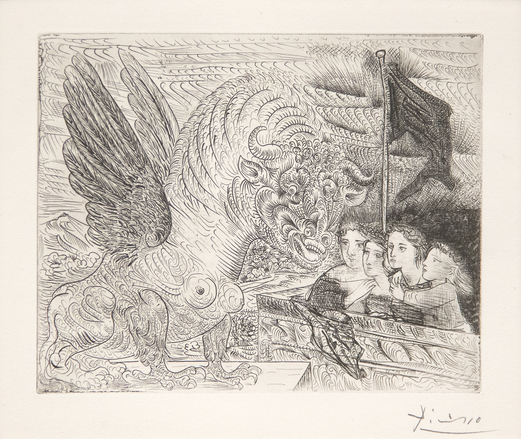 PABLO PICASSO - Harpye a tete de Taureau, et quatre petites filles sur une tour surmontee d'un drapeau noir PABLO PICASSO - Harpye a tete de Taureau, et quatre petites filles sur une tour surmontee d'un drapeau noir - etching on Montval laid paper - 15 1/4 x 19 5/8 in.