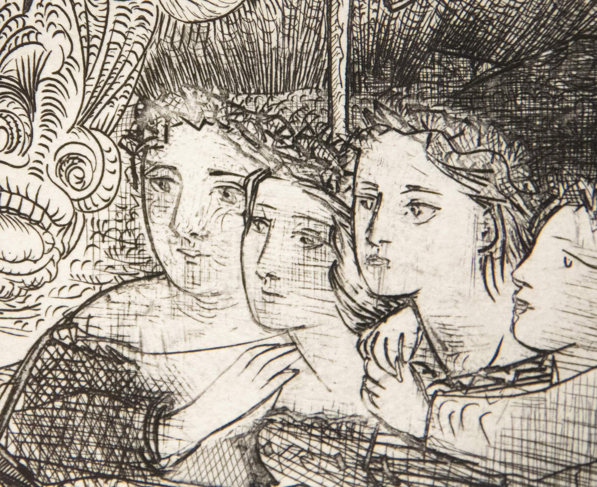 PABLO PICASSO - Harpye a tete de Taureau, et quatre petites filles sur une tour surmontee d'un drapeau noir PABLO PICASSO - Harpye a tete de Taureau, et quatre petites filles sur une tour surmontee d'un drapeau noir - etching on Montval laid paper - 15 1/4 x 19 5/8 in.