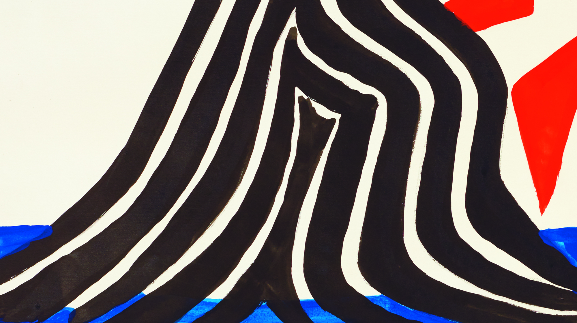 ALEXANDER CALDER - Zigzag Sun and Crags Zigzag, Sun, and Crags, painted in 1972, recalls the early morning hour of June 9, 1922 when the young seafaring adventurer Sandy (Alexander) Calder was awakened on the deck of the H. F. Alexander by the intense beams of tropical sunlight that burst across the bow. He stood, squinting against the glare, then turned his head to the west and felt a sudden rush of sensations that brought to him a cosmic resonance he had never felt before. <br><br>“It was early one morning on a calm sea, off Guatemala, when over my couch — a coil of rope — I saw the beginning of a fiery red sunrise on one side and the moon looking like a silver coin on the other. Of the whole trip this impressed me most of all; it left me with a lasting sensation of the solar system.” <br><br>Zignag, Sun, and Crags is not a simple memento of that experience. It is an exhilarating work that celebrates Calder’s inimitable way of imparting the wonder of the natural world by amplifying our experience of it. If, as he might wish, it brings a sense of interconnectedness and belonging as it did to him along the coast of Guatemala as a young Merchant Marine, so much the better.