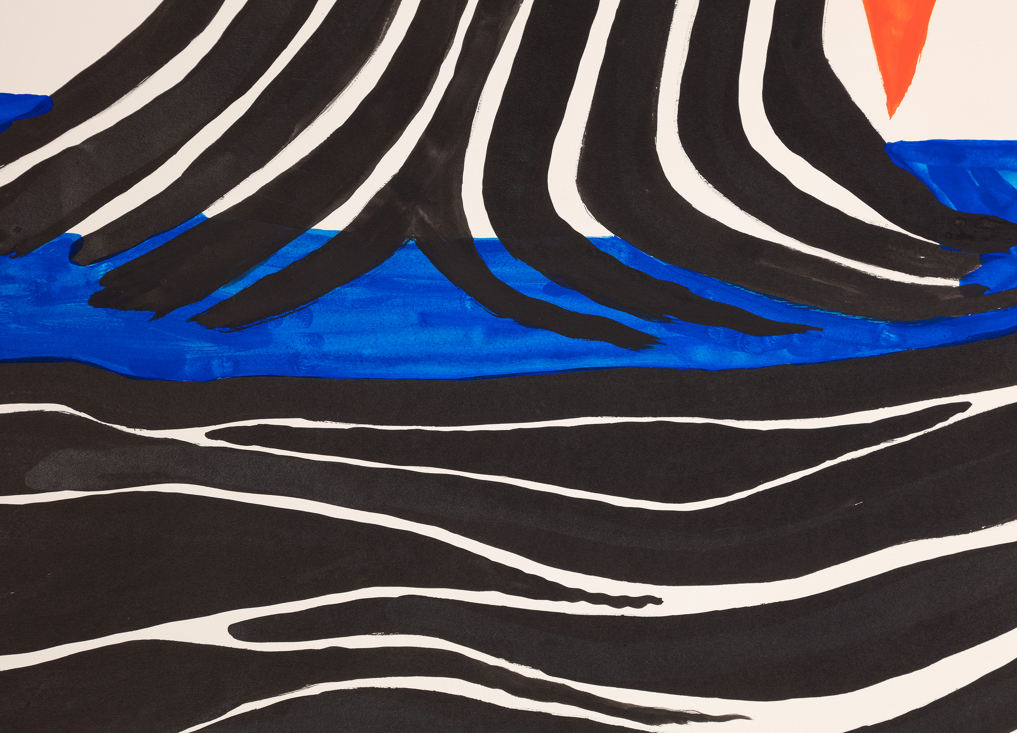 Zigzag, Sun, and Crags, painted in 1972, recalls the early morning hour of June 9, 1922 when the young seafaring adventurer Sandy (Alexander) Calder was awakened on the deck of the H. F. Alexander by the intense beams of tropical sunlight that burst across the bow. He stood, squinting against the glare, then turned his head to the west and felt a sudden rush of sensations that brought to him a cosmic resonance he had never felt before. <br><br>“It was early one morning on a calm sea, off Guatemala, when over my couch — a coil of rope — I saw the beginning of a fiery red sunrise on one side and the moon looking like a silver coin on the other. Of the whole trip this impressed me most of all; it left me with a lasting sensation of the solar system.” <br><br>Zignag, Sun, and Crags is not a simple memento of that experience. It is an exhilarating work that celebrates Calder’s inimitable way of imparting the wonder of the natural world by amplifying our experience of it. If, as he might wish, it brings a sense of interconnectedness and belonging as it did to him along the coast of Guatemala as a young Merchant Marine, so much the better.